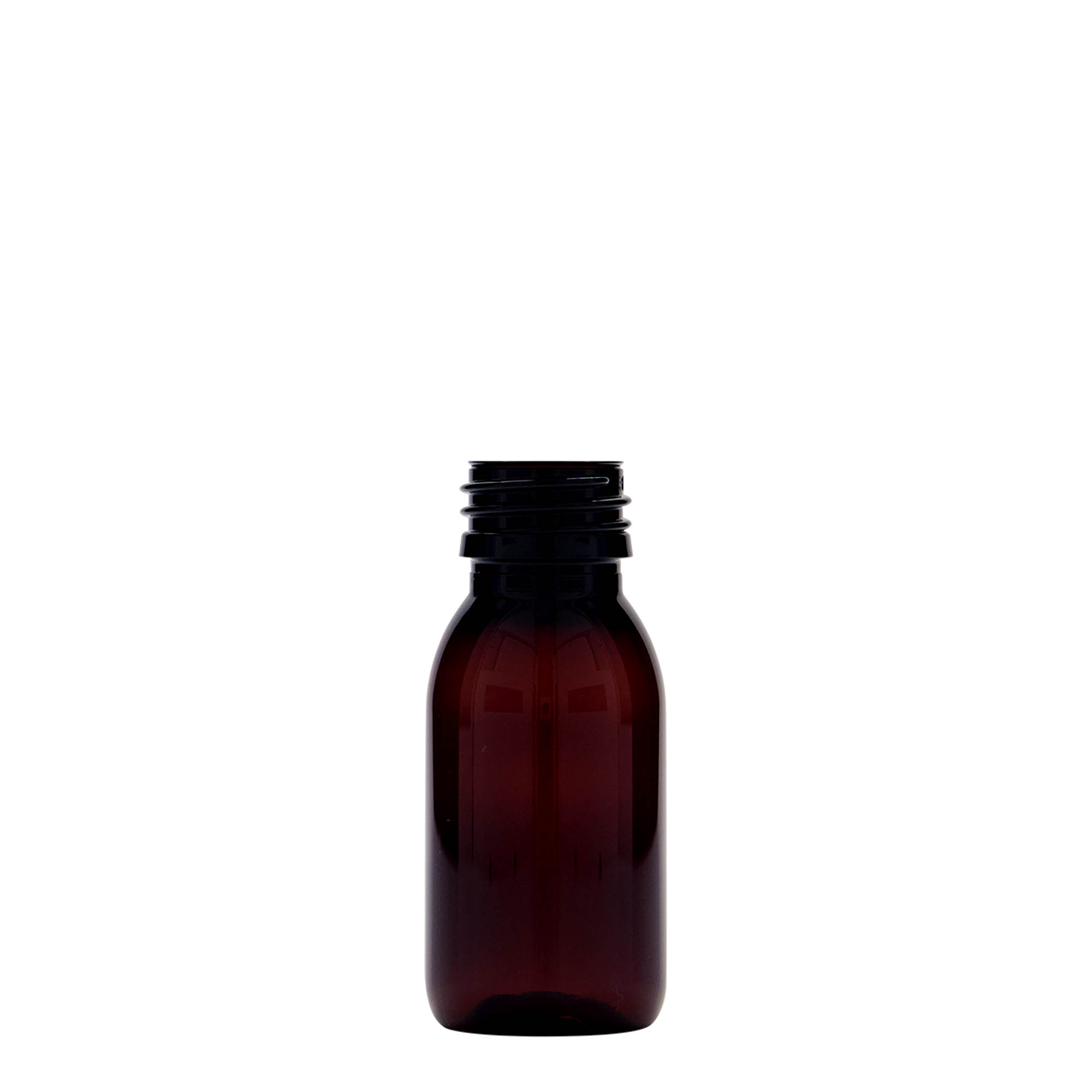 Frasco médico PET de 60 ml, castanho, plástico, boca: PP 28 Frasco médico PET de 60 ml, castanho, plástico, boca: PP 28