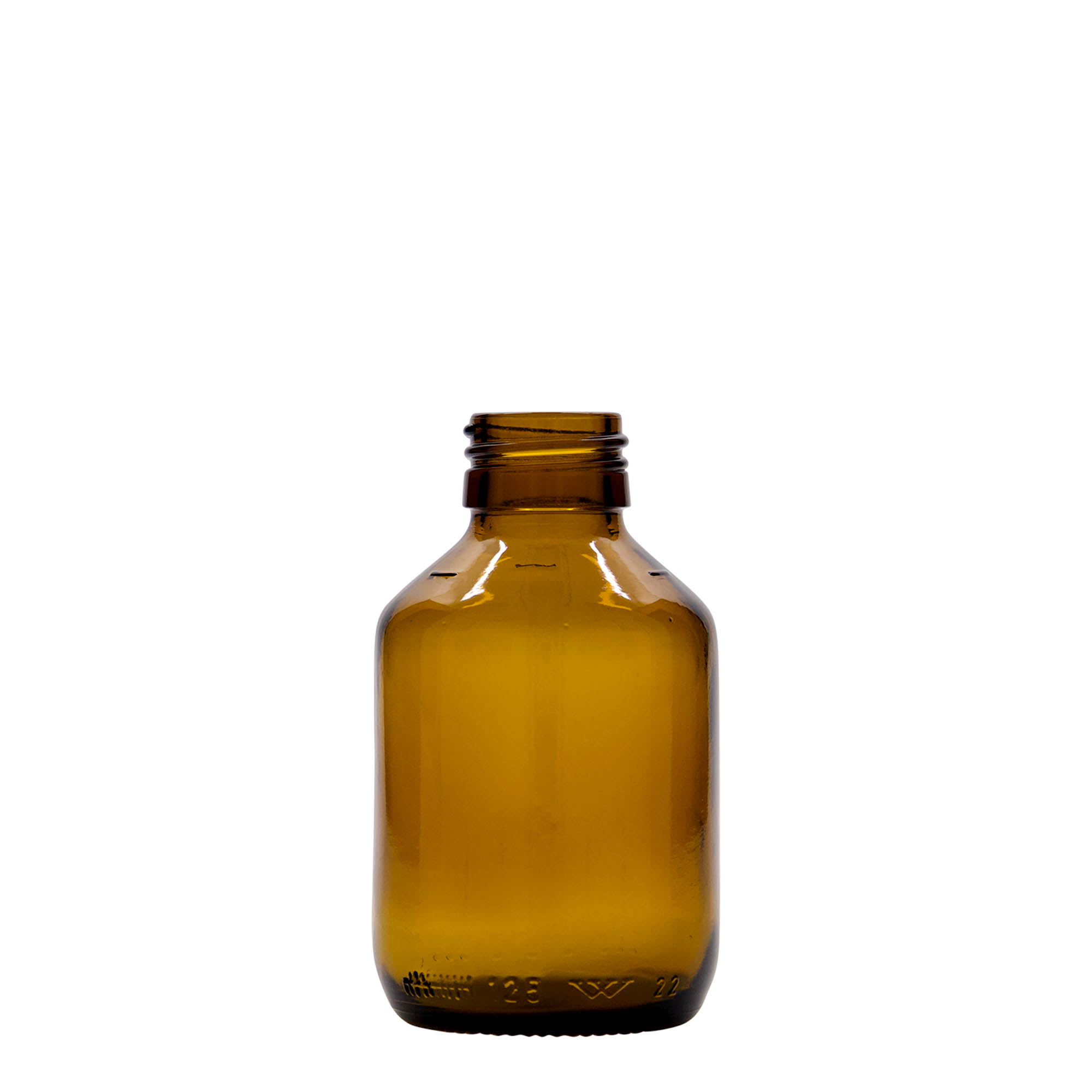 Frasco de medicamento de 125 ml, castanho, vidro, bocal: PP 28 Frasco de medicamento de 125 ml, castanho, vidro, bocal: PP 28