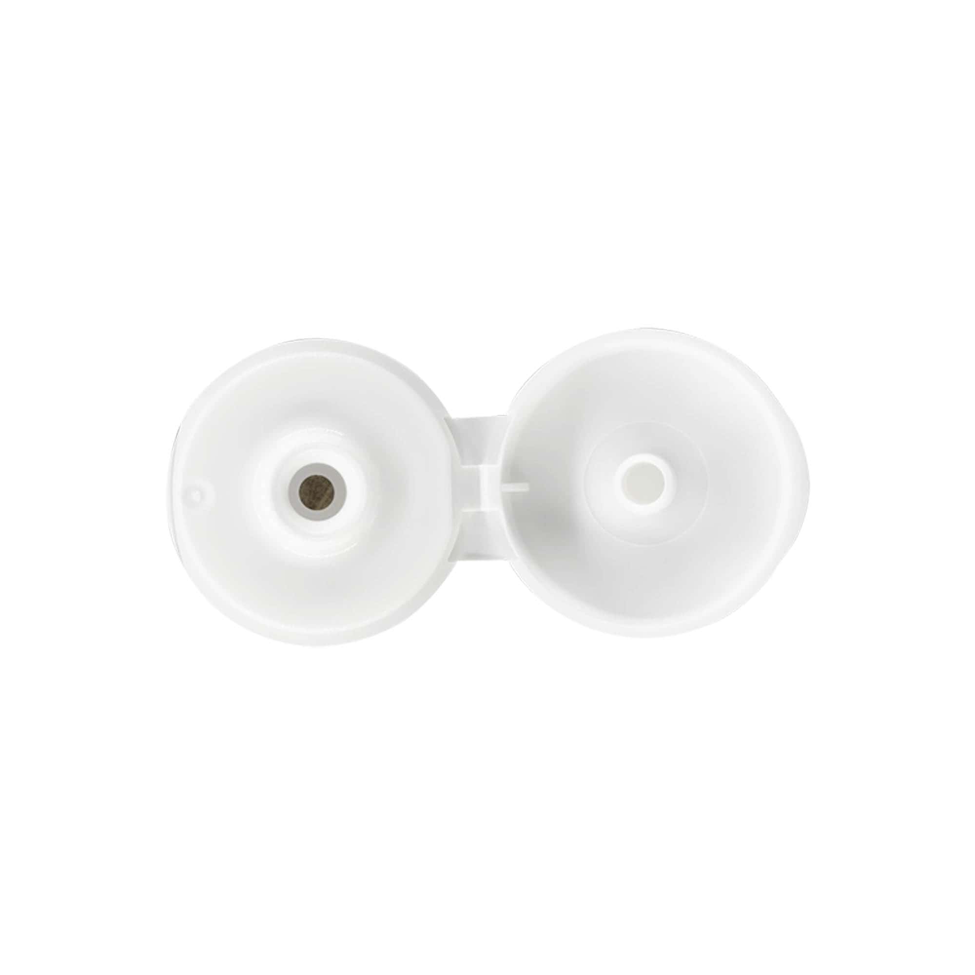 Tampa de rosca com dobradiça articulada, plástico PP, branco, para abertura: 24/410 Tampa de rosca com dobradiça articulada, plástico PP, branco, para abertura: 24/410