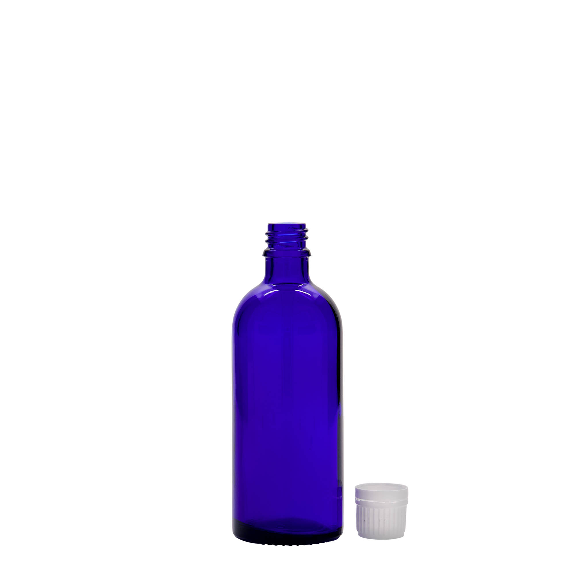 Frasco medicinal de vidro 100 ml, azul royal, boca: DIN 18 Frasco medicinal de vidro 100 ml, azul royal, boca: DIN 18