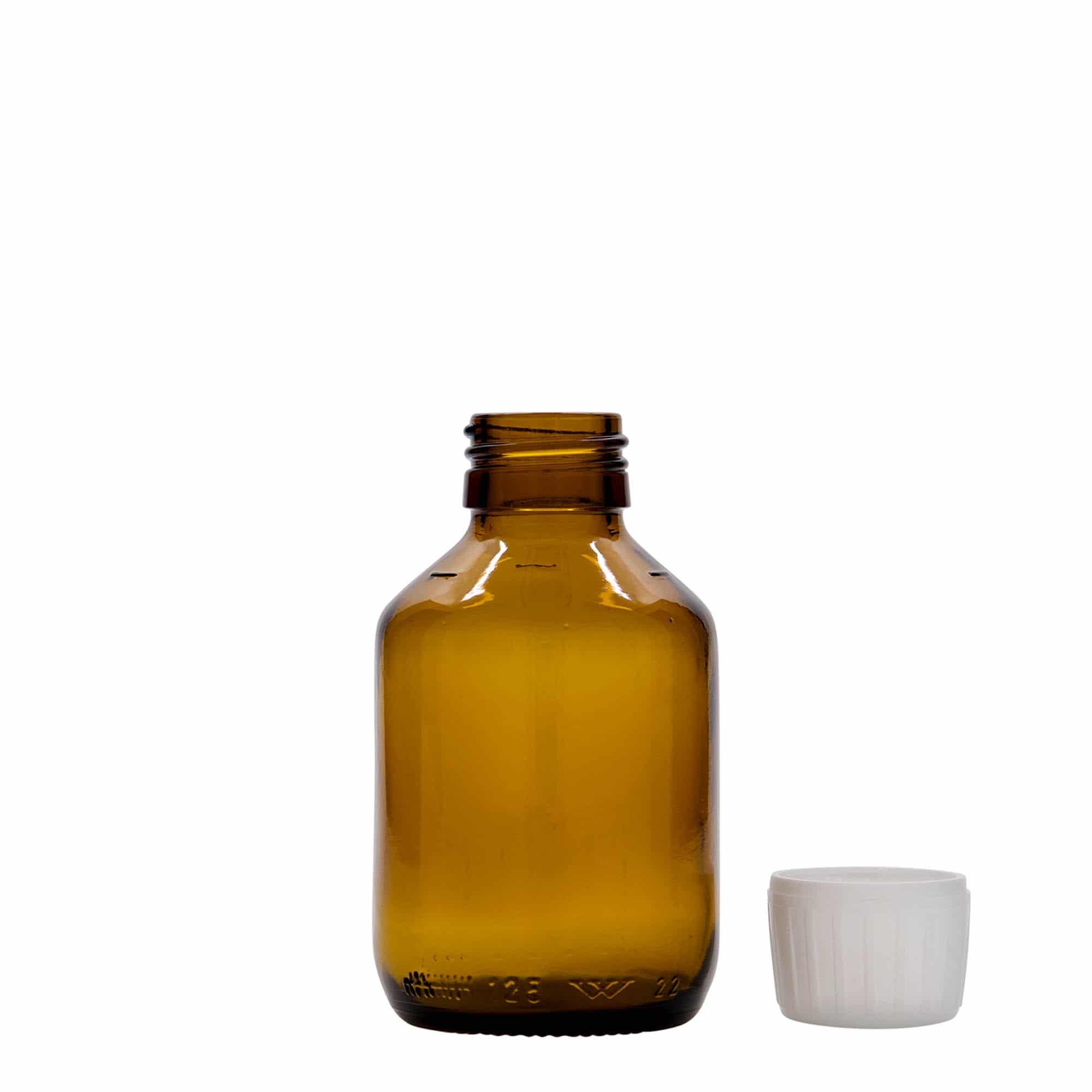 125 ml Frasco de medicamentos, castanho, vidro, boca: PP 28