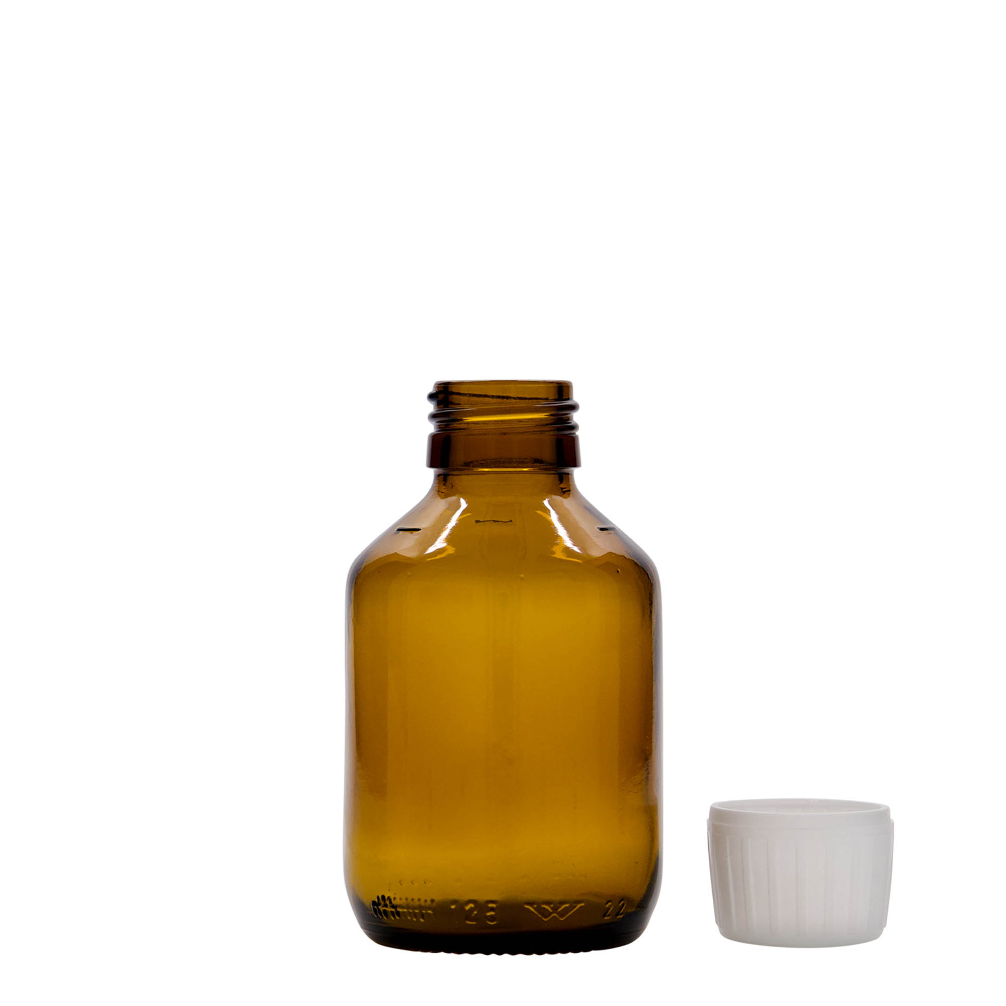 Frasco de medicamento de 125 ml, castanho, vidro, bocal: PP 28 Frasco de medicamento de 125 ml, castanho, vidro, bocal: PP 28