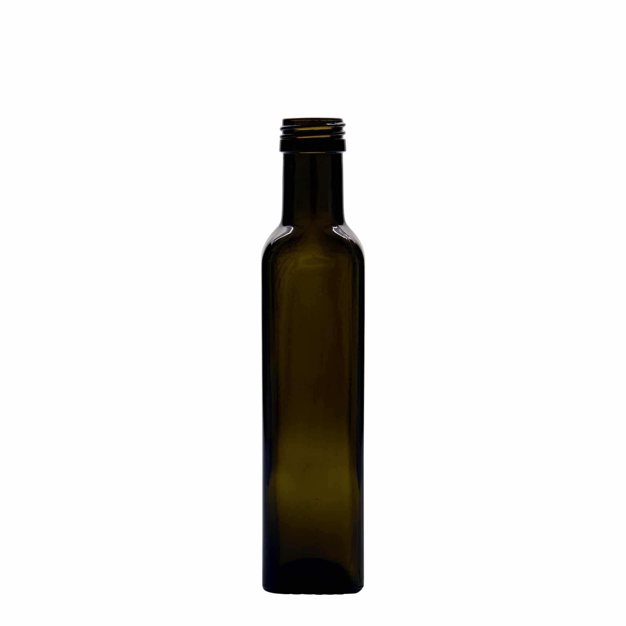 250 ml Garrafa de vidro 'Marasca', quadrada, verde antigo, boca: PP 31,5 250 ml Garrafa de vidro 'Marasca', quadrada, verde antigo, boca: PP 31,5
