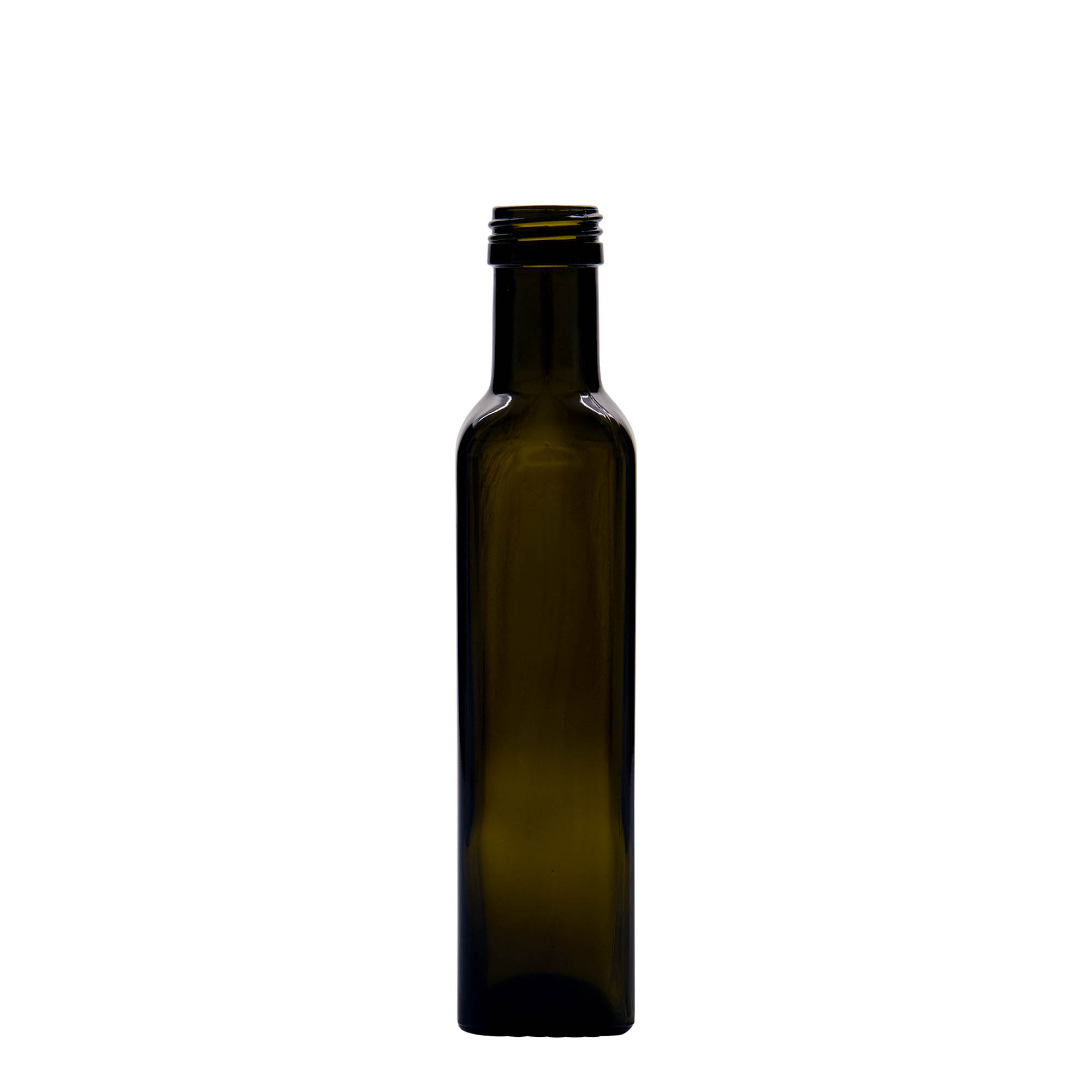 Garrafa de vidro 250 ml 'Marasca', quadrada, verde antigo, bocal: PP 31,5 Garrafa de vidro 250 ml 'Marasca', quadrada, verde antigo, bocal: PP 31,5