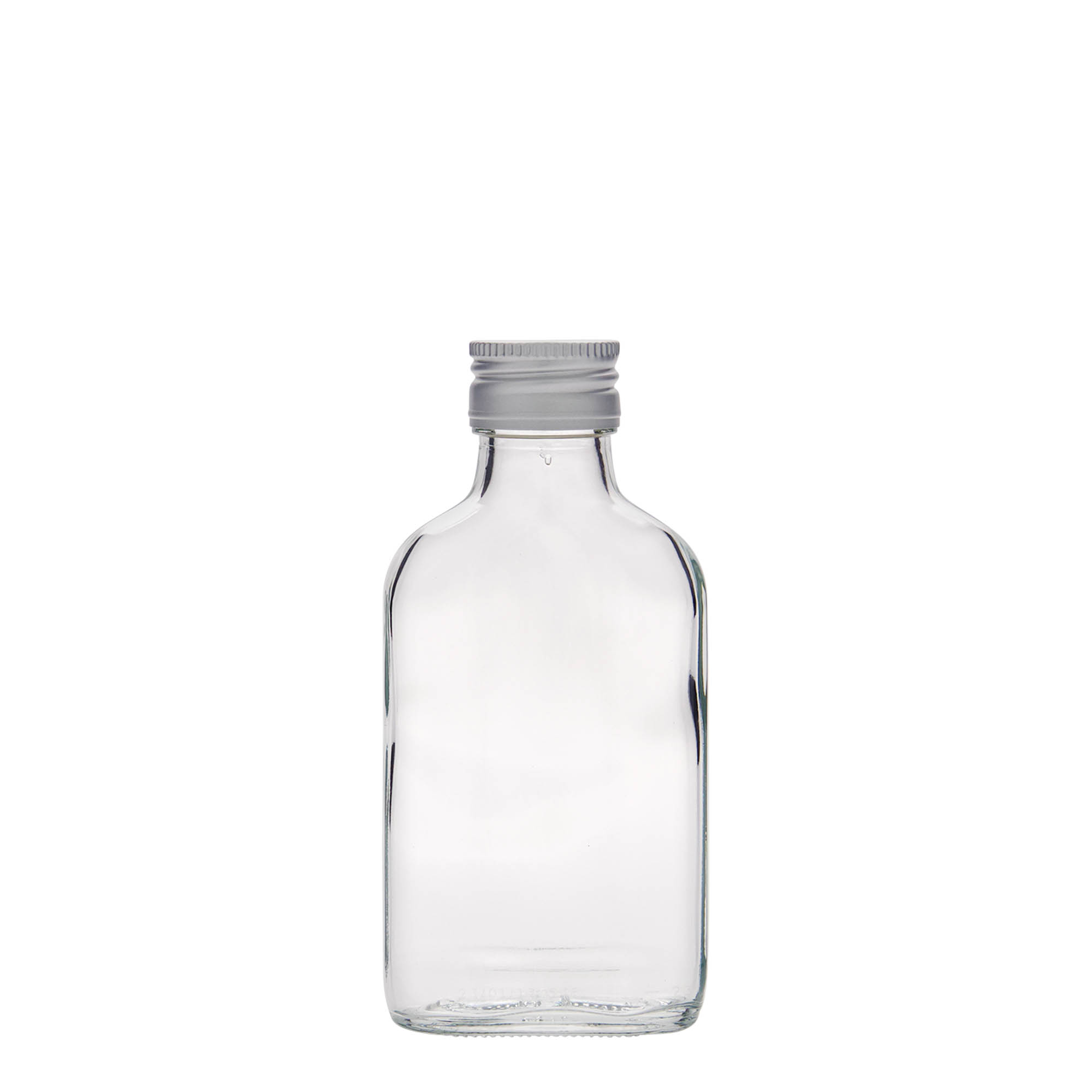Frasco de bolso de 100 ml, retangular, vidro, boca: PP 28 Frasco de bolso de 100 ml, retangular, vidro, boca: PP 28