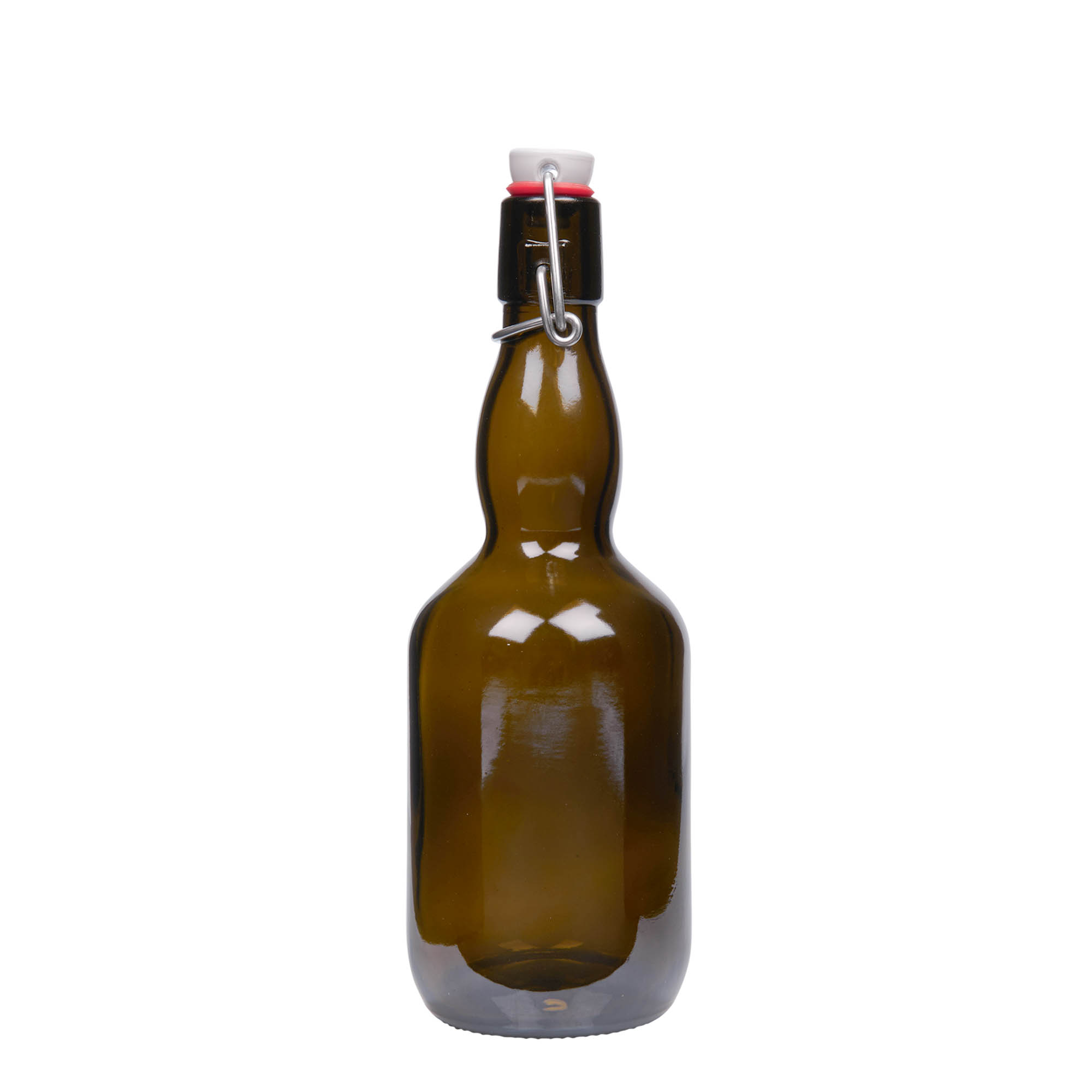 Garrafa de cerveja 500 ml com gargalo engolado, vidro, verde antigo, boca: fecho de mola