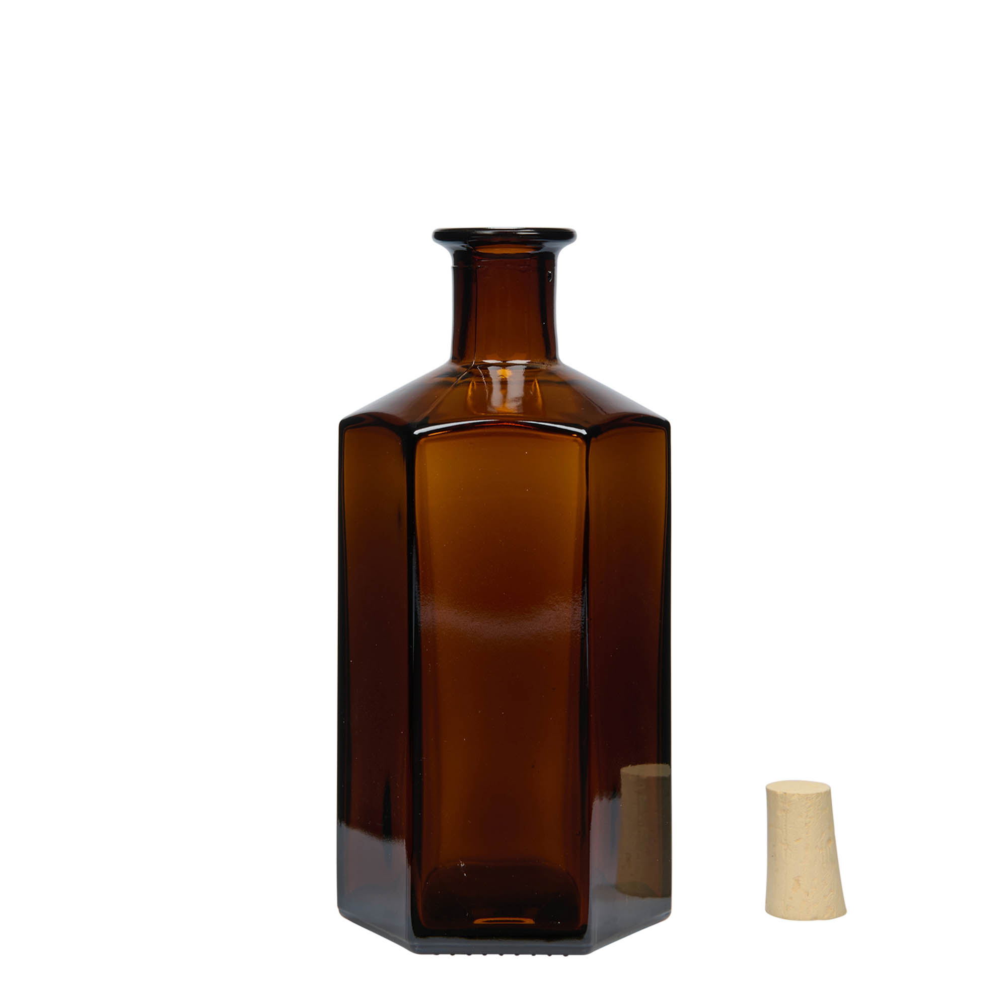 Frasco de vidro de 500 ml, farmacêutico 'Jimmy', hexagonal, castanho, boca: cortiça Frasco de vidro de 500 ml, farmacêutico 'Jimmy', hexagonal, castanho, boca: cortiça