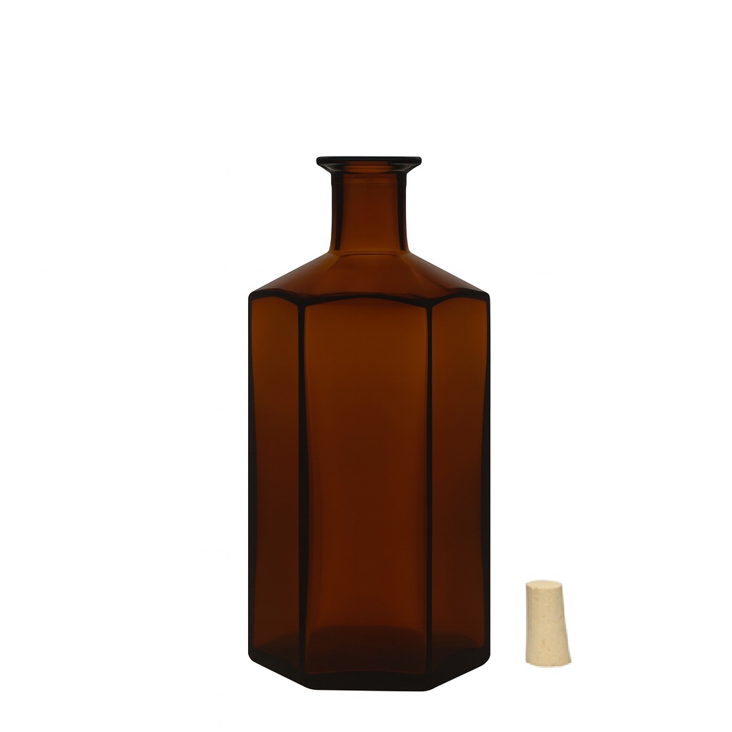 Frasco de vidro de 500 ml, farmacêutico 'Jimmy', hexagonal, castanho, boca: cortiça Frasco de vidro de 500 ml, farmacêutico 'Jimmy', hexagonal, castanho, boca: cortiça