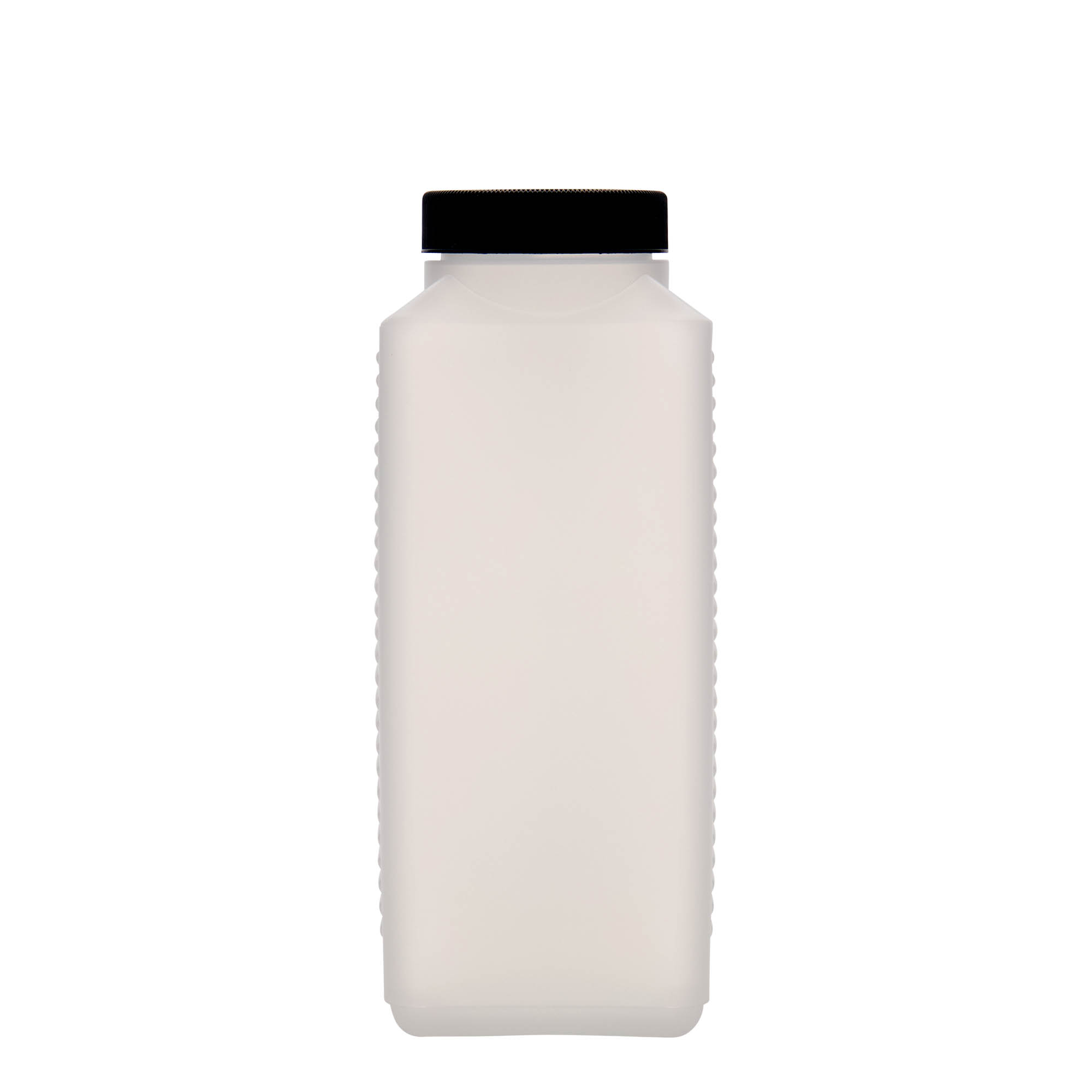 1.000 ml Garrafa de gargalo largo, retangular, plástico HDPE, natural, boca: DIN 60 EPE 1.000 ml Garrafa de gargalo largo, retangular, plástico HDPE, natural, boca: DIN 60 EPE