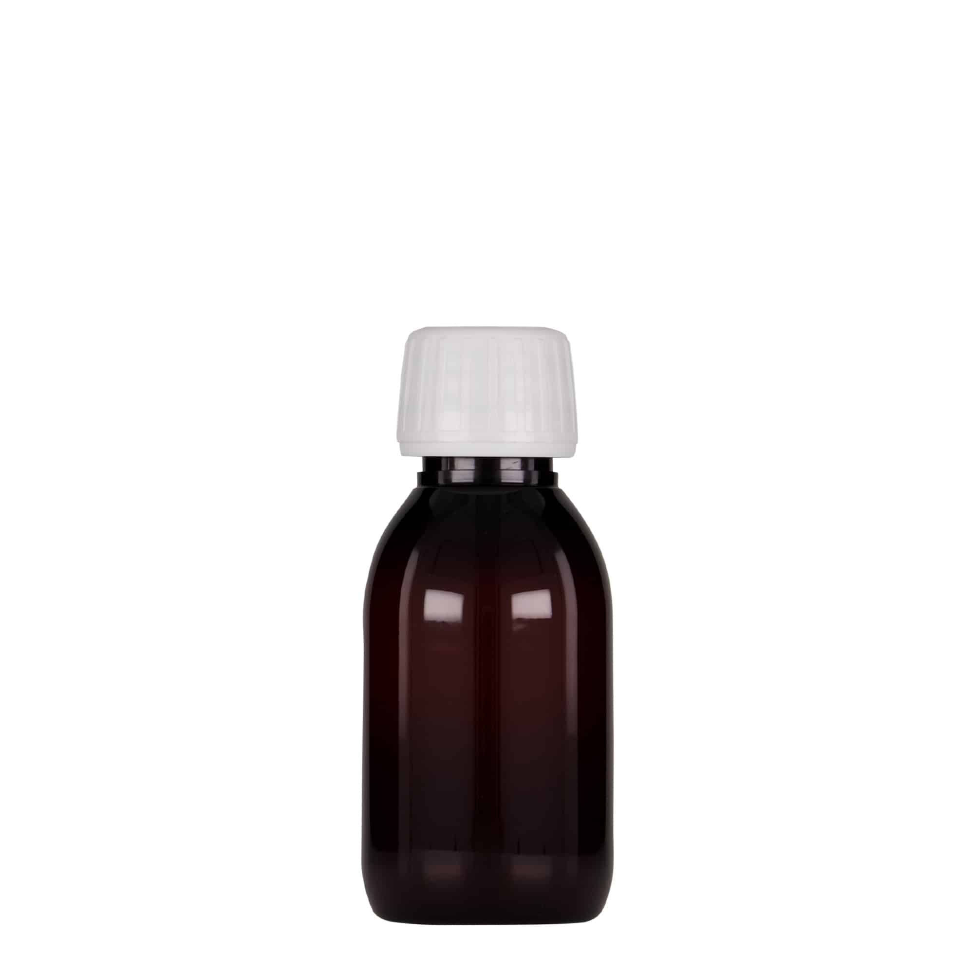 100 ml Frasco de medicamentos PET, castanho, plástico, boca: PP 28
