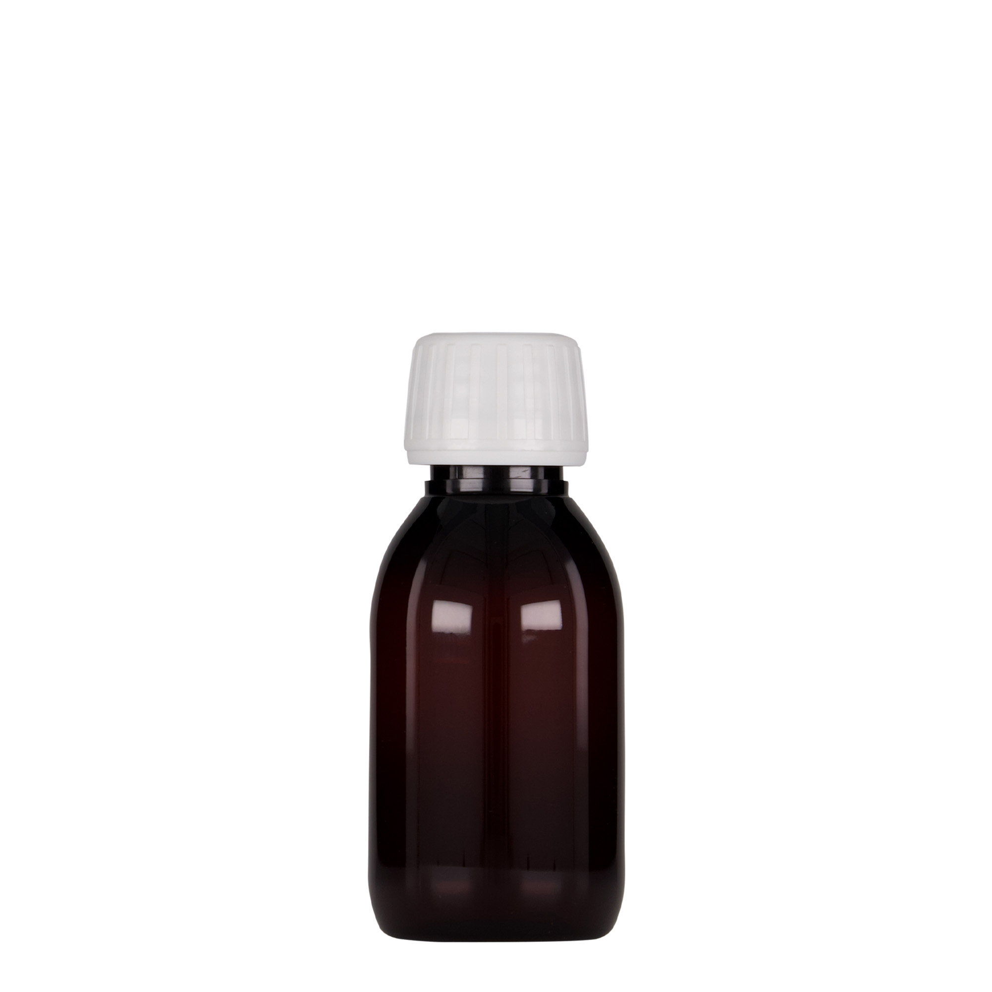 Frasco médico PET de 100 ml, castanho, plástico, boca: PP 28 Frasco médico PET de 100 ml, castanho, plástico, boca: PP 28
