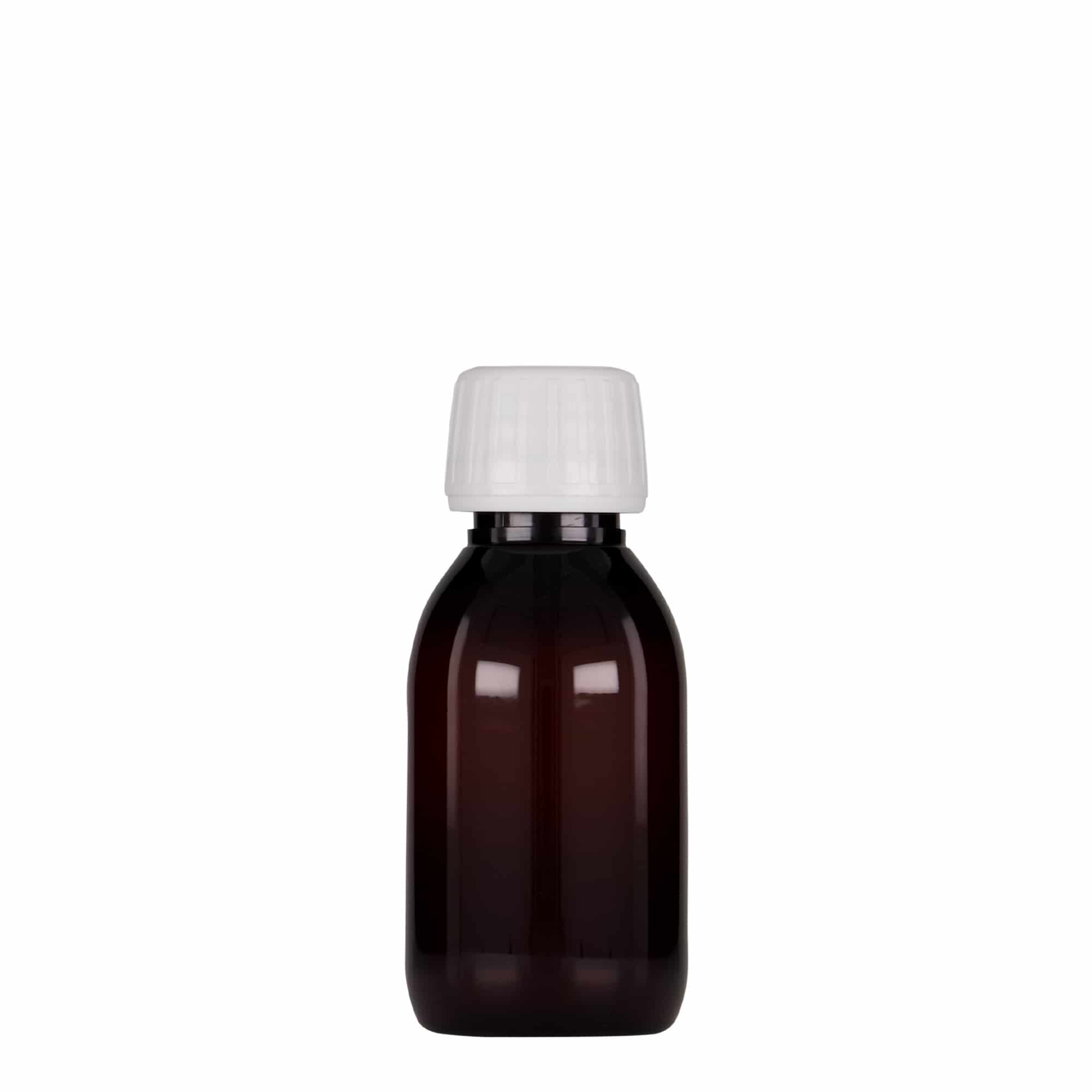 Frasco médico PET de 100 ml, castanho, plástico, boca: PP 28
