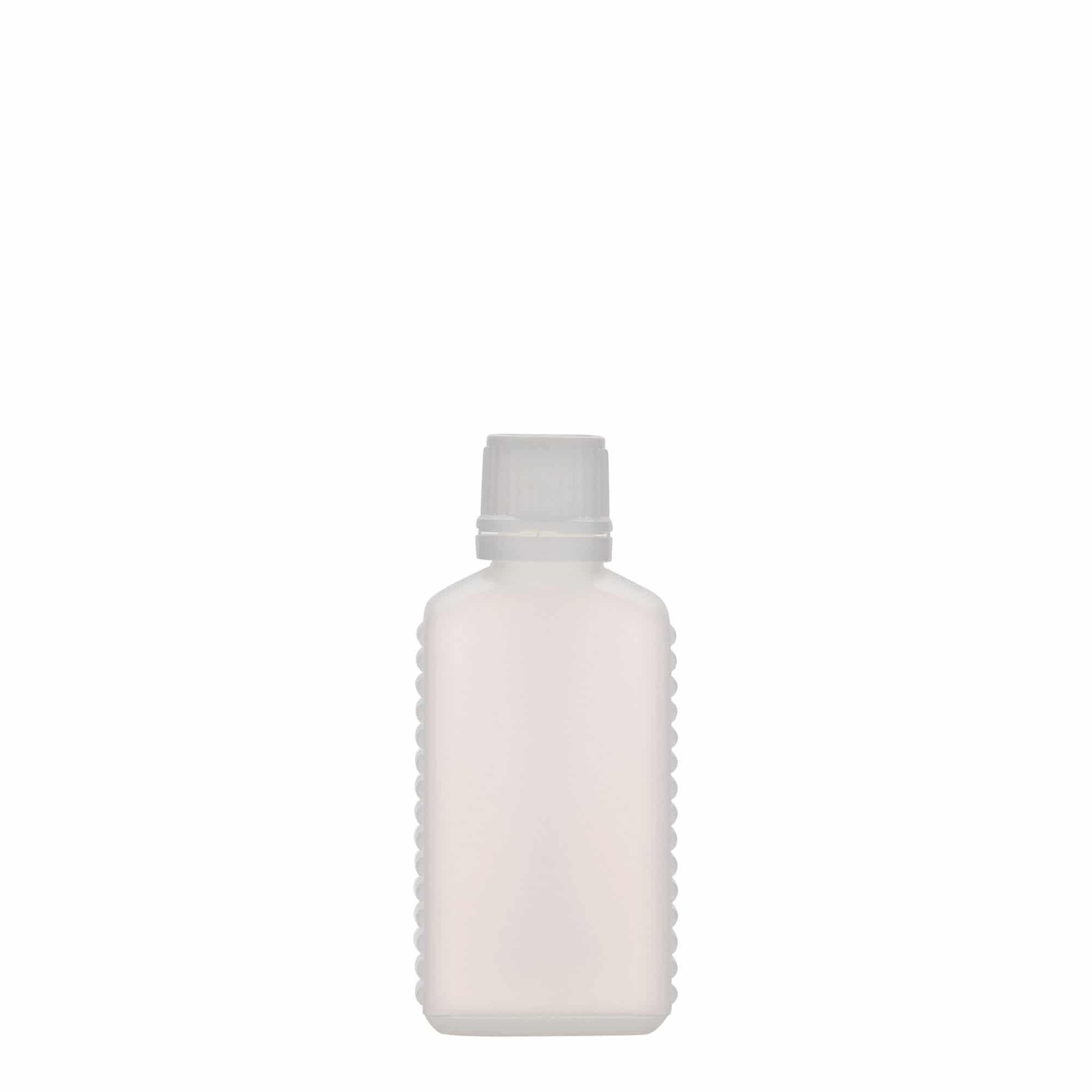 Frasco de 50 ml, garrafa com gargalo estreito, retangular, plástico HDPE, natural, boca: DIN 18