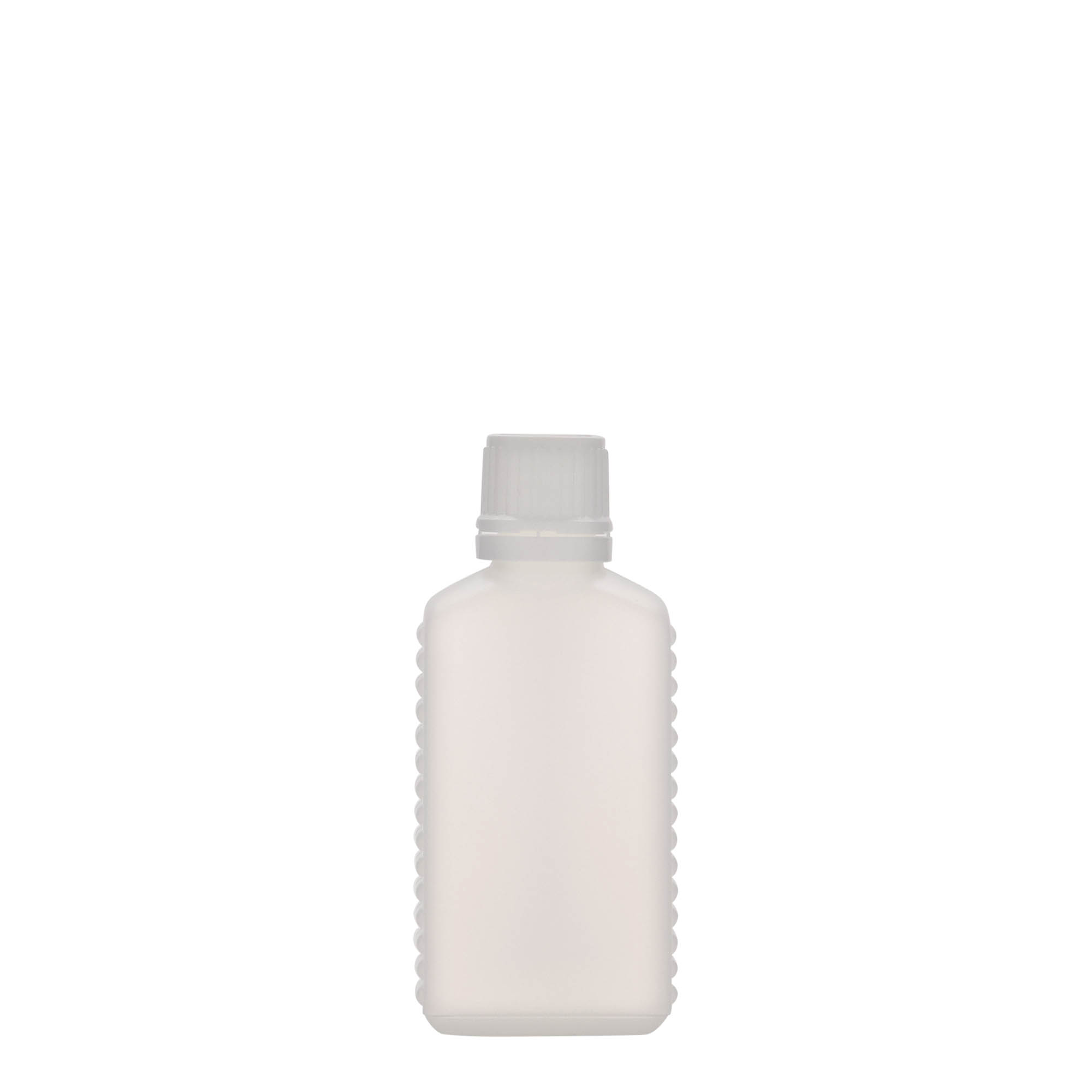 Frasco de 50 ml, garrafa com gargalo estreito, retangular, plástico HDPE, natural, boca: DIN 18 Frasco de 50 ml, garrafa com gargalo estreito, retangular, plástico HDPE, natural, boca: DIN 18