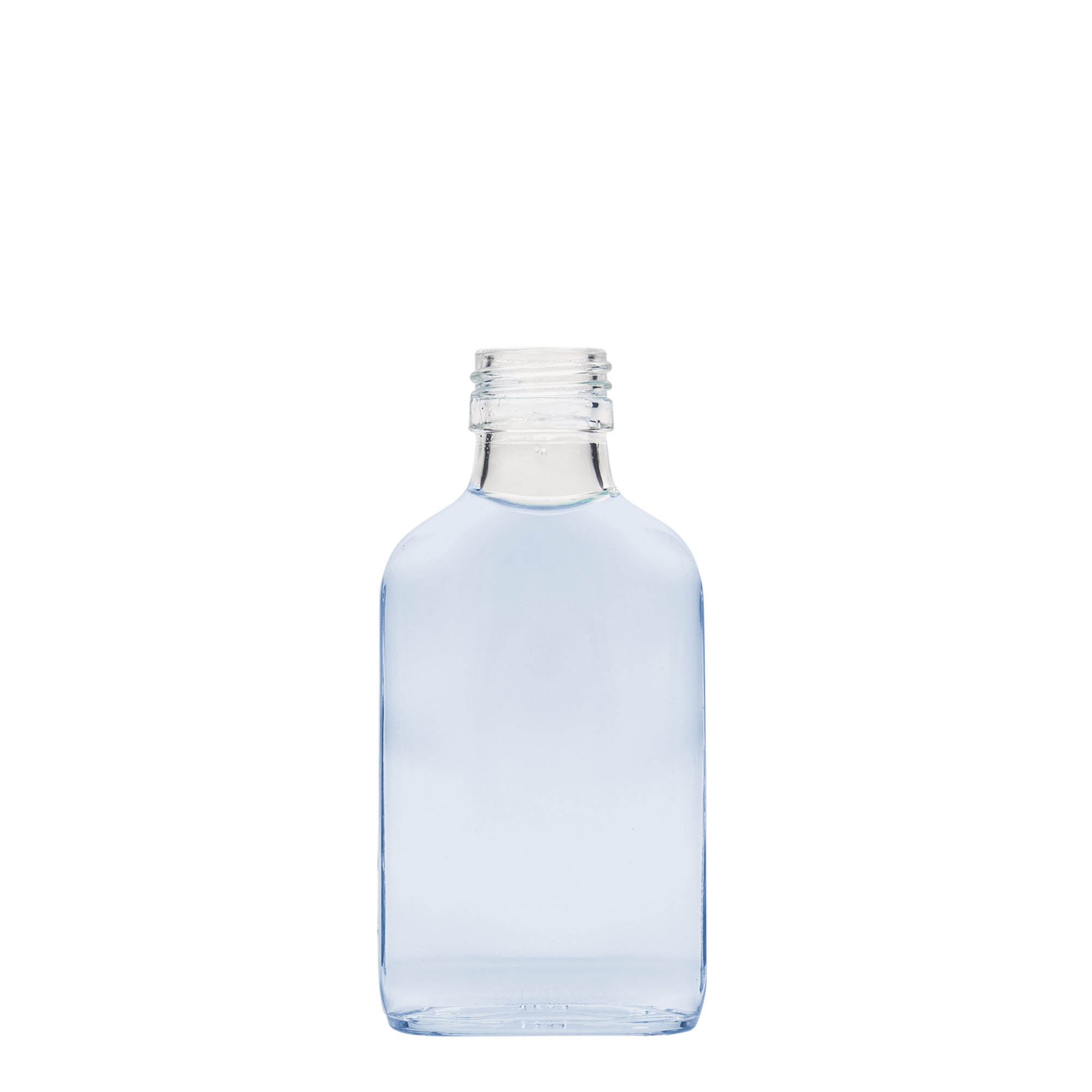 Frasco de bolso de 100 ml, retangular, vidro, boca: PP 28 Frasco de bolso de 100 ml, retangular, vidro, boca: PP 28