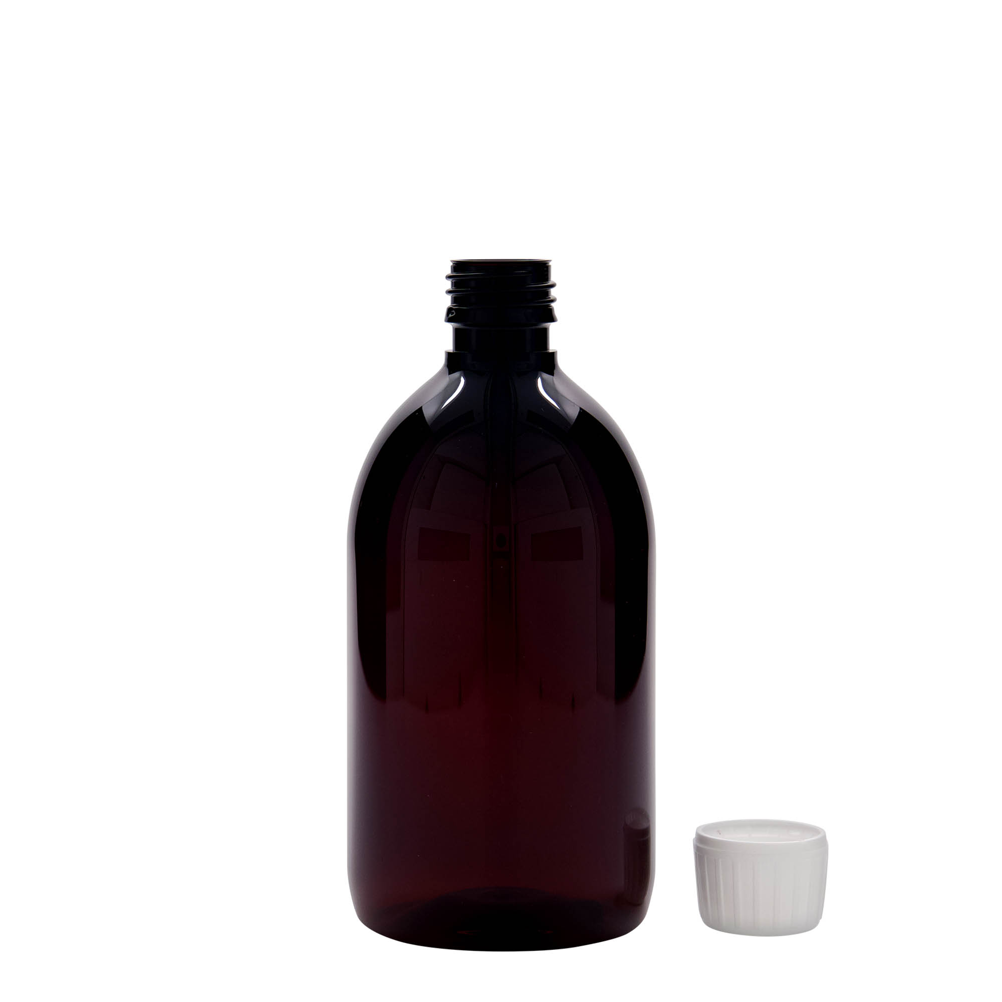 Frasco médico PET de 500 ml, castanho, plástico, boca: PP 28 Frasco médico PET de 500 ml, castanho, plástico, boca: PP 28