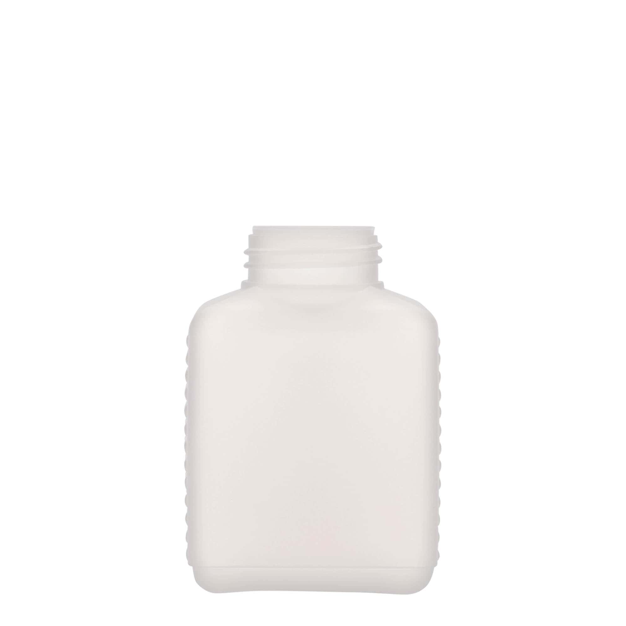 250 ml Frasco de gargalo largo, rectangular, plástico HDPE, natural, boca: DIN 40 EPE