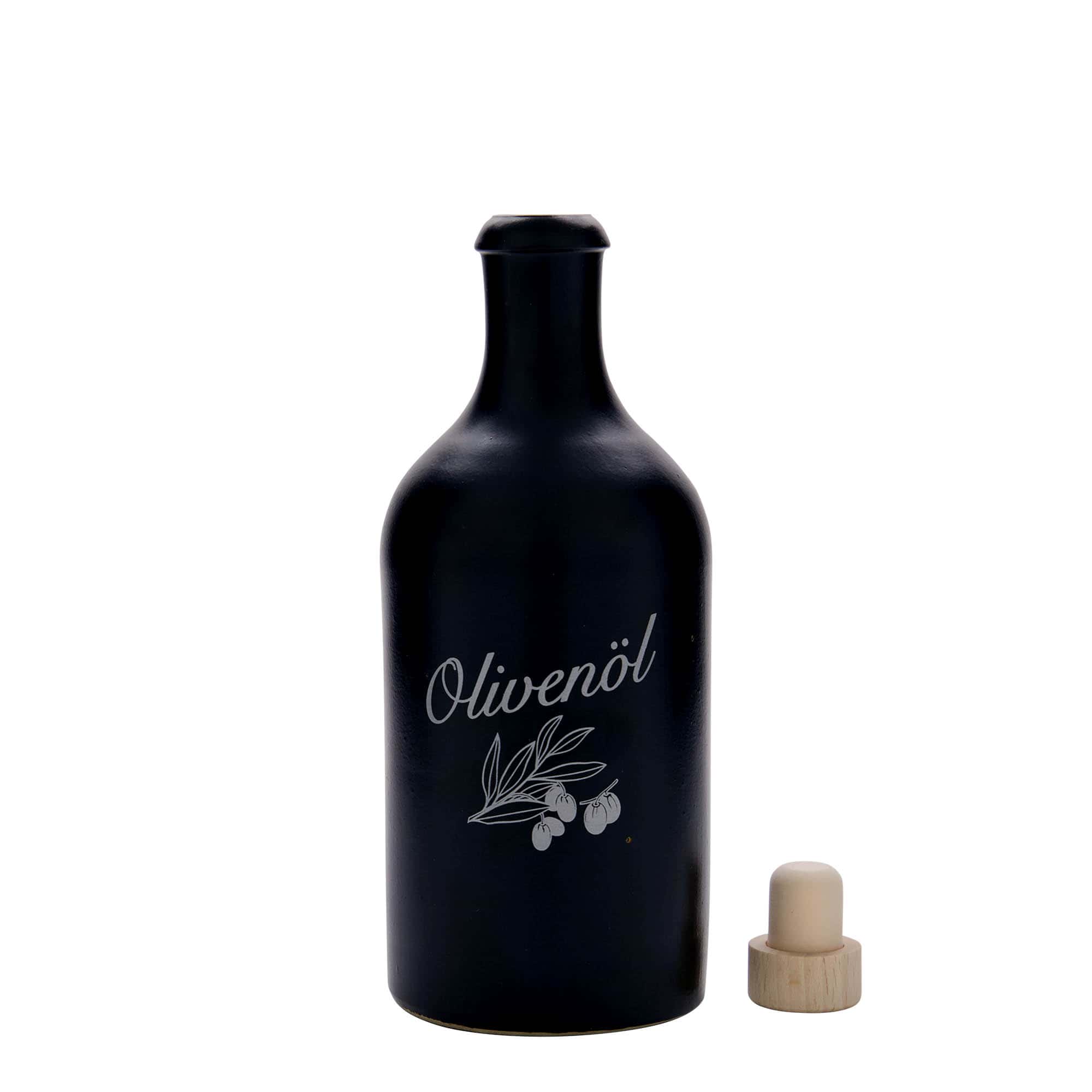 Jarro de barro de 500 ml, motivo: azeite, grés, preto, boca: cortiça