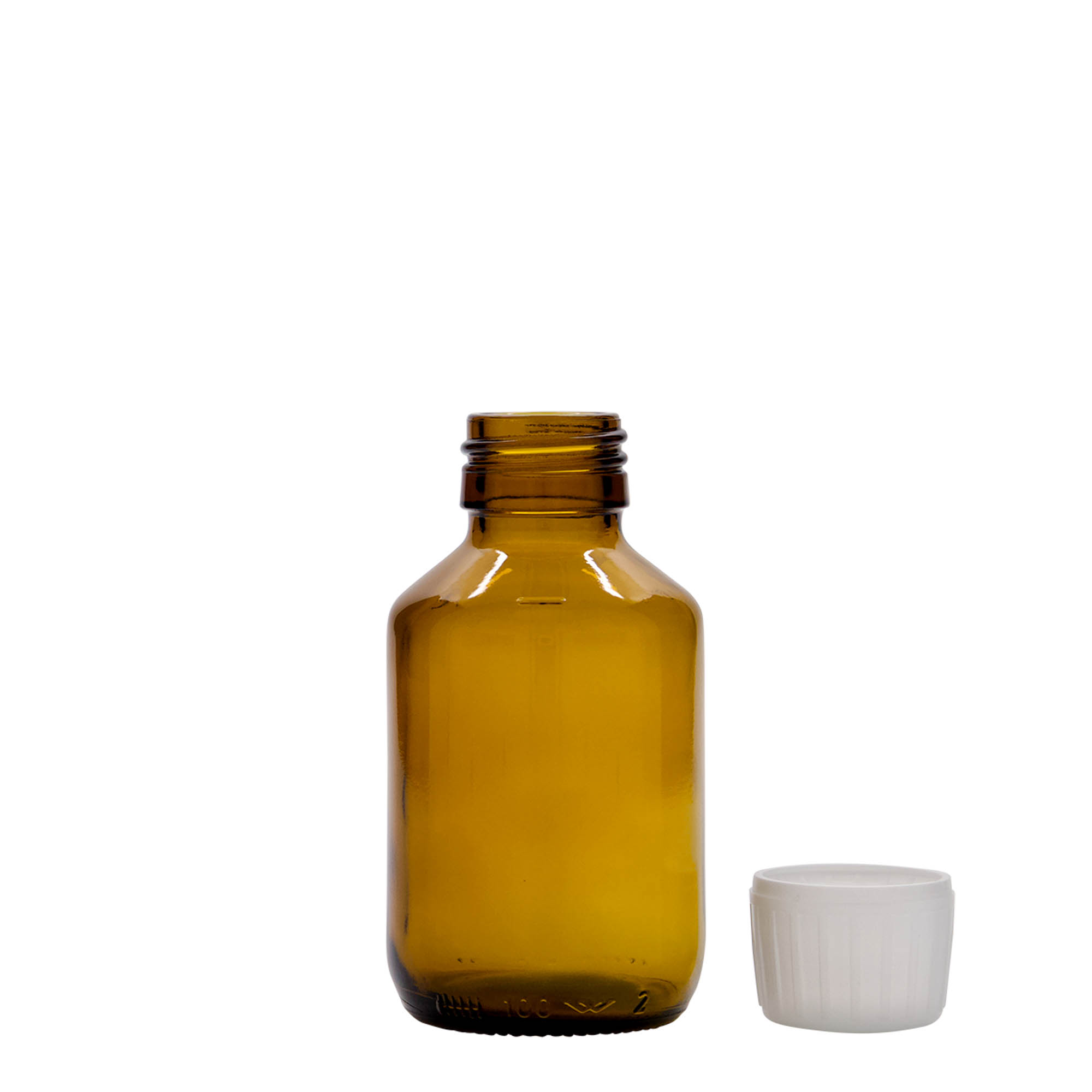 Frasco médico de 100 ml, castanho, vidro, boca: PP 28 Frasco médico de 100 ml, castanho, vidro, boca: PP 28