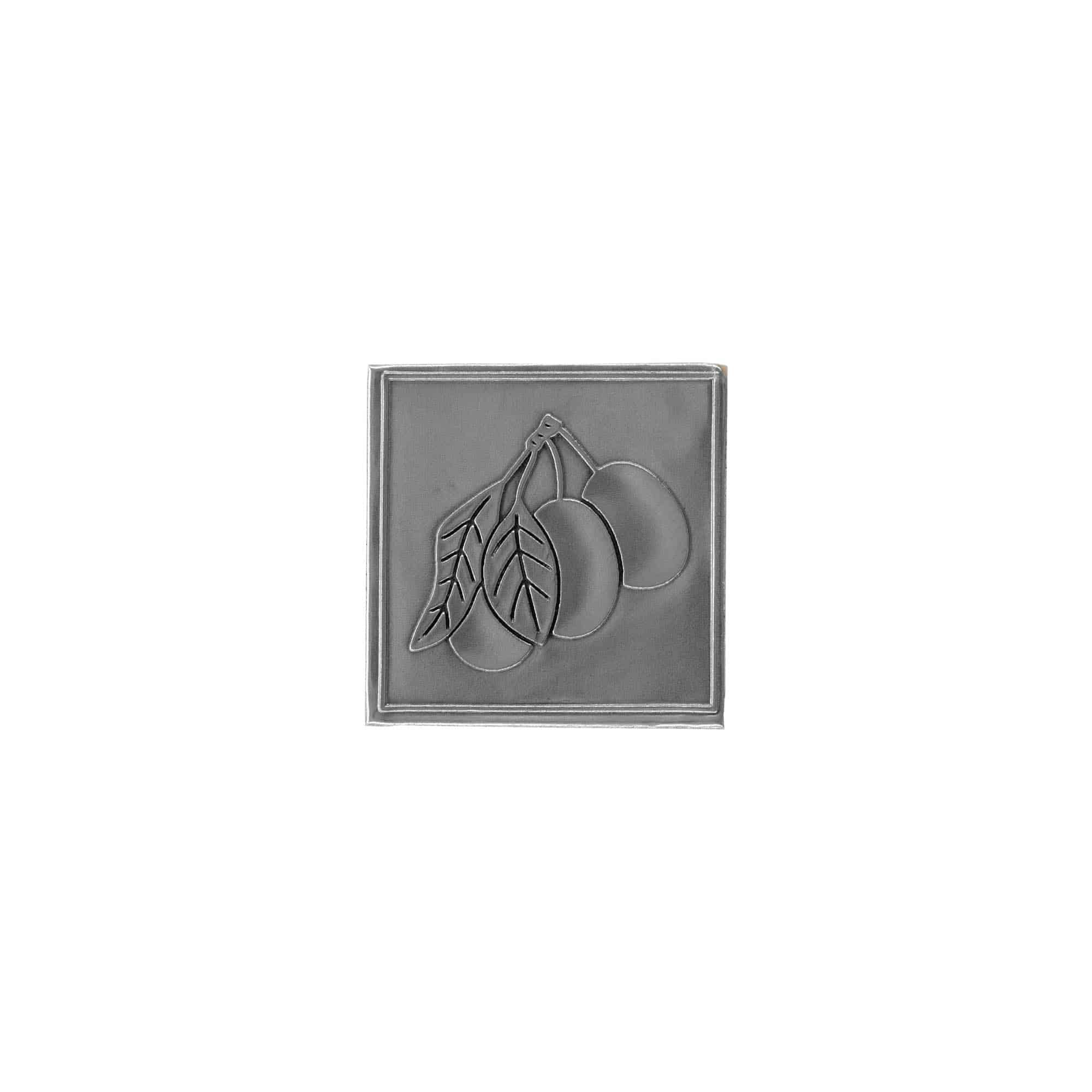 Etiqueta de estanho 'Ameixa', quadrada, metal, prateada