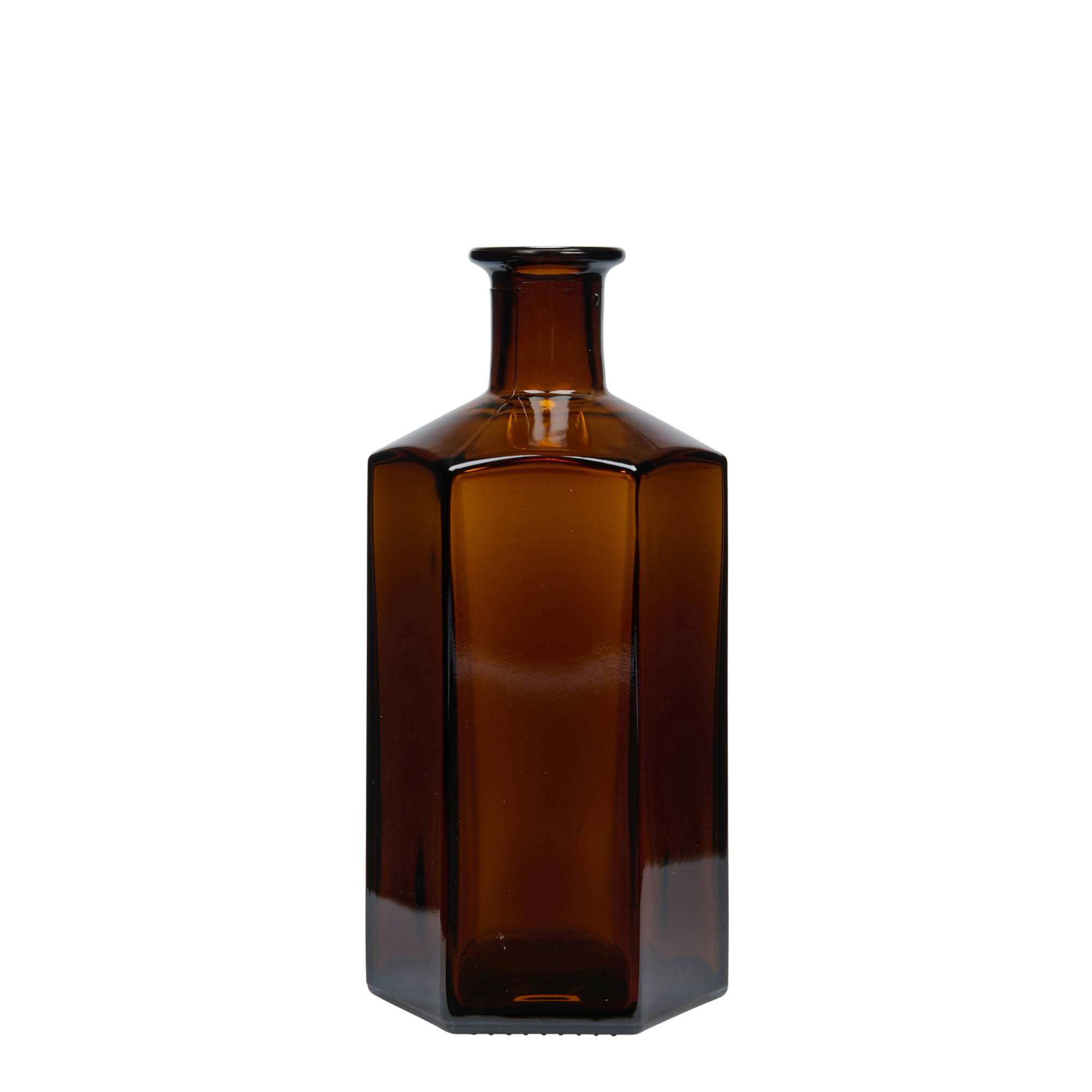 Frasco de vidro de 500 ml, farmacêutico 'Jimmy', hexagonal, castanho, boca: cortiça Frasco de vidro de 500 ml, farmacêutico 'Jimmy', hexagonal, castanho, boca: cortiça