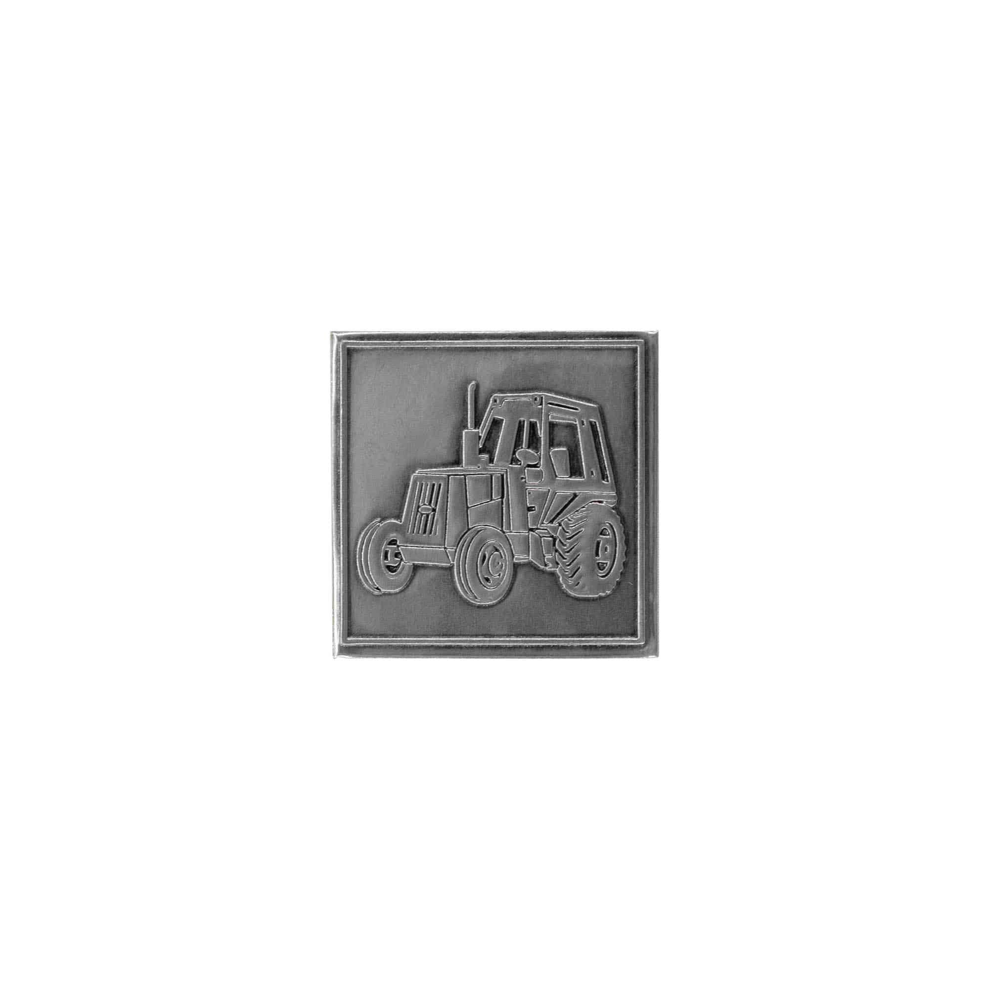 Etiqueta de estanho 'Trator', quadrada, metal, prata Etiqueta de estanho 'Trator', quadrada, metal, prata