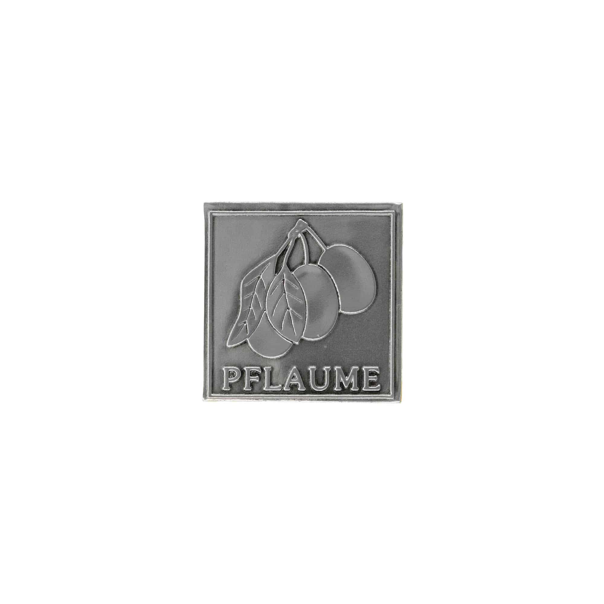 Etiqueta de estanho 'Ameixa', quadrada, metal, prateada Etiqueta de estanho 'Ameixa', quadrada, metal, prateada