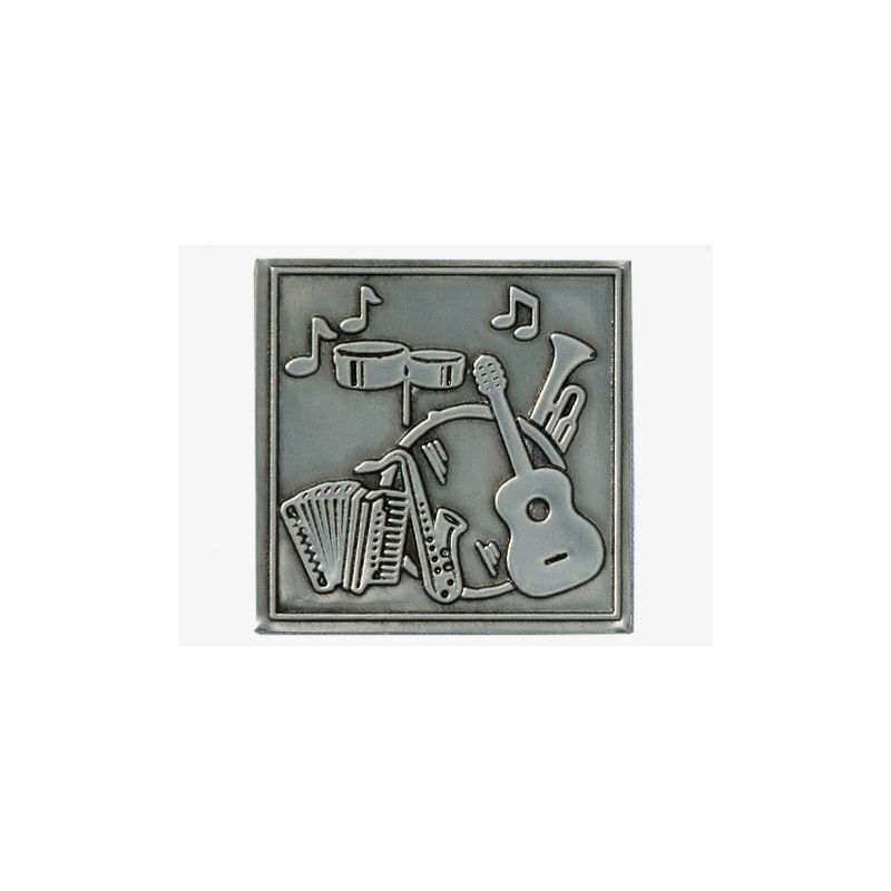 Etiqueta de estanho 'Música', quadrada, metal, prata Etiqueta de estanho 'Música', quadrada, metal, prata