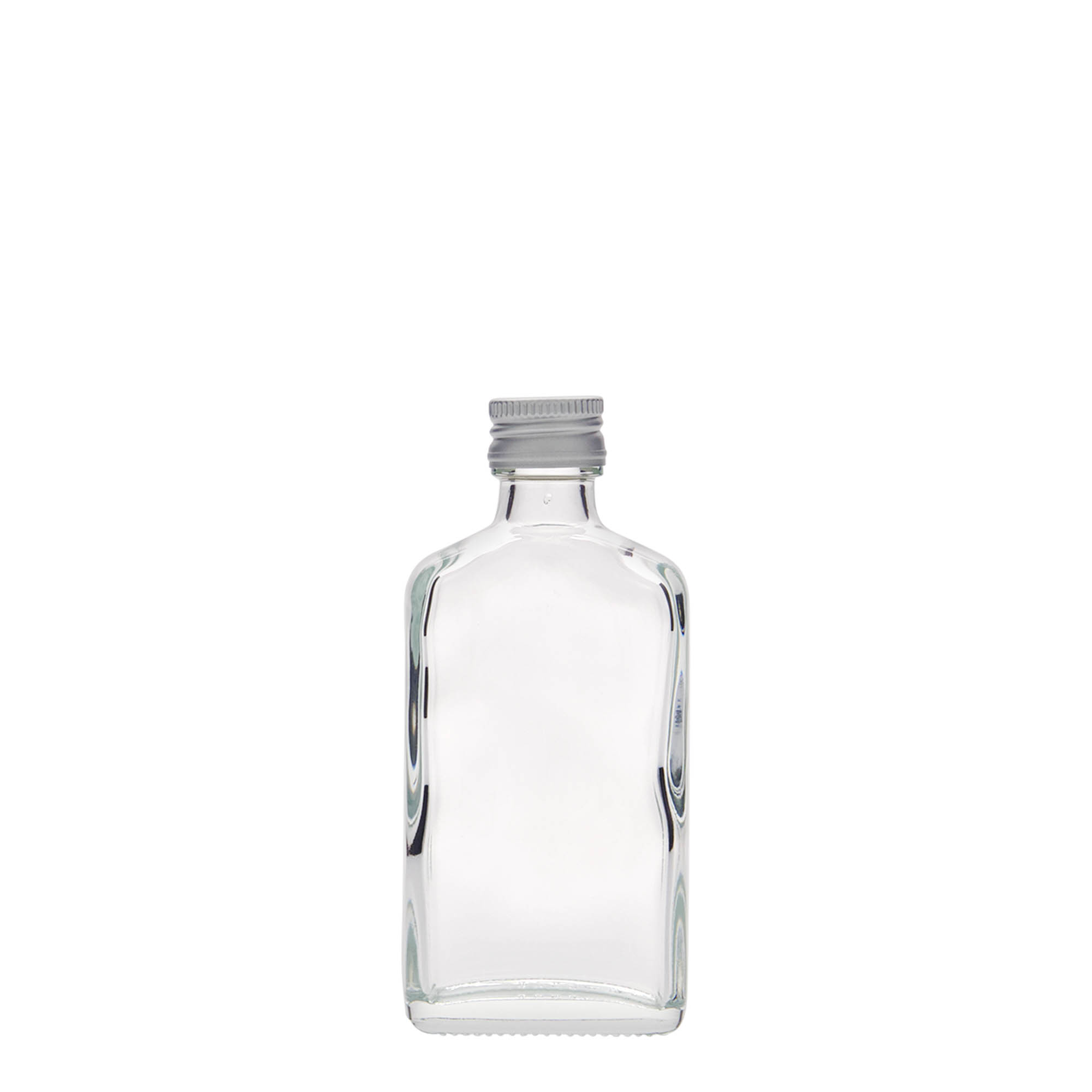 Frasco de bolso de 50 ml, retangular, vidro, bocal: PP 18 Frasco de bolso de 50 ml, retangular, vidro, bocal: PP 18