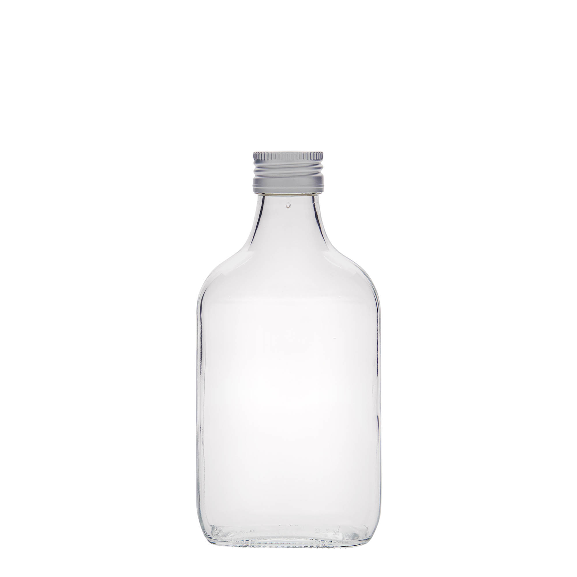 Frasco de bolso de 200 ml, retangular, vidro, boca: PP 28 Frasco de bolso de 200 ml, retangular, vidro, boca: PP 28