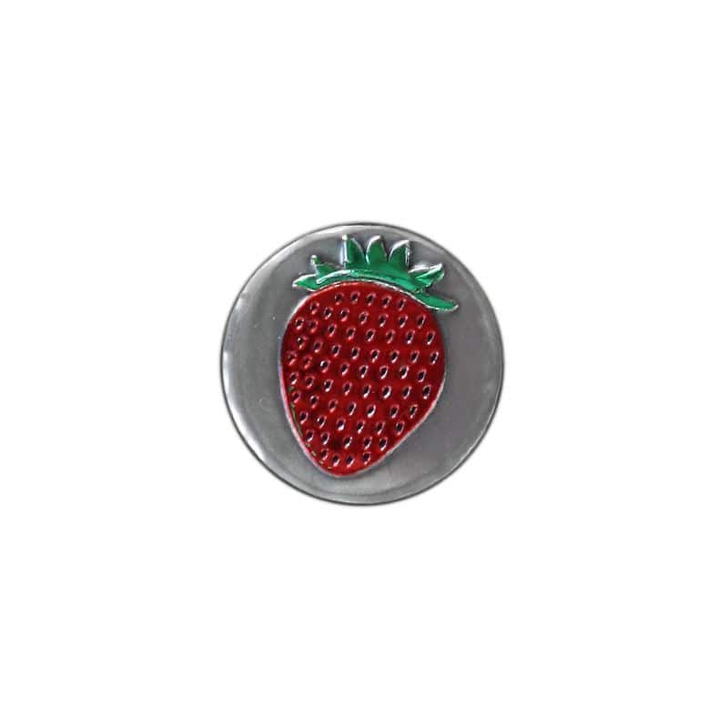 Etiqueta de estanho 'Morango', redonda, metal, prateado Etiqueta de estanho 'Morango', redonda, metal, prateado