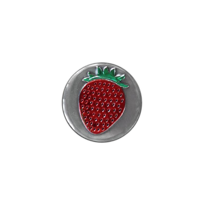 Etiqueta de estanho 'Morango', redonda, metal, prata Etiqueta de estanho 'Morango', redonda, metal, prata