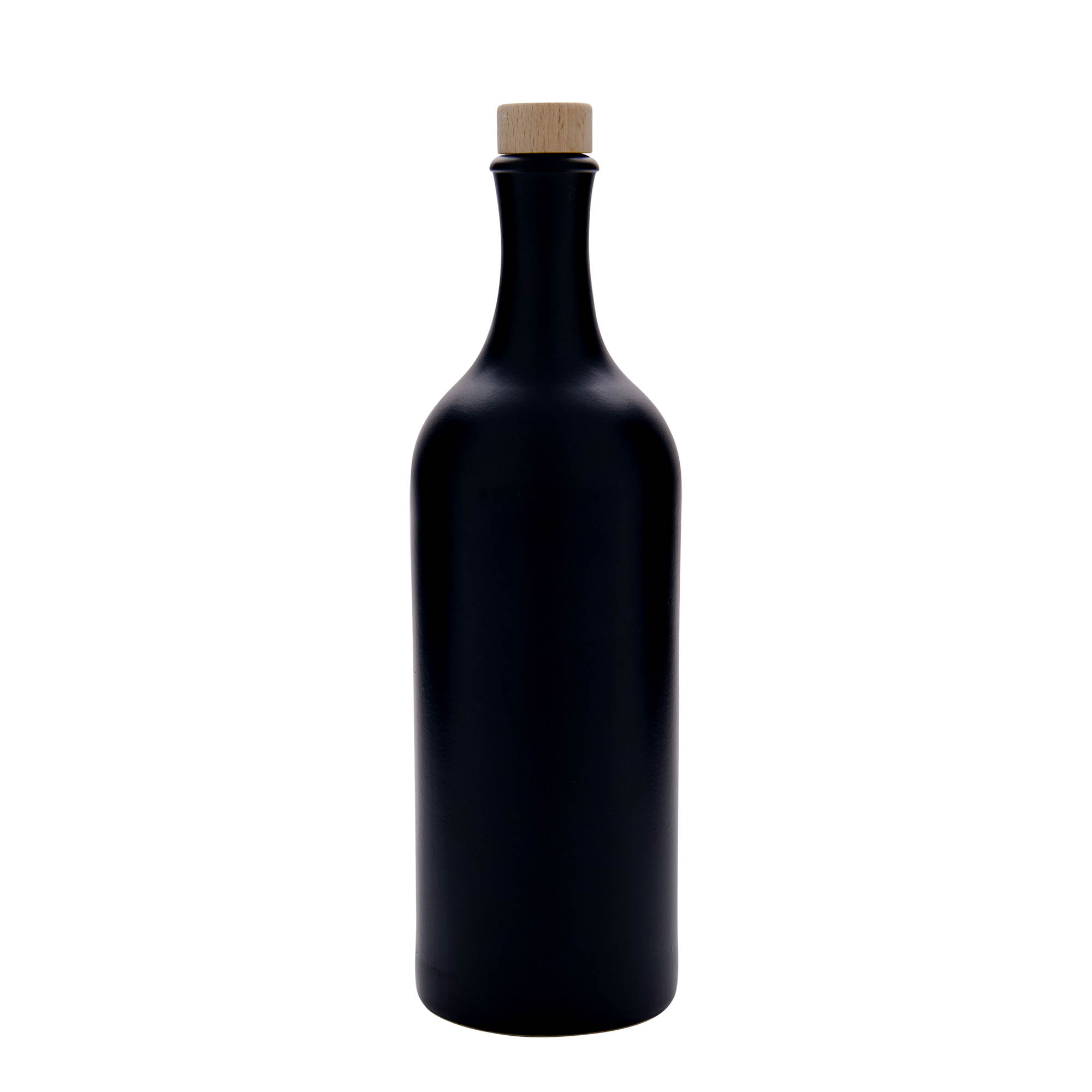 750 ml Jarra de barro de pescoço longo, grés, preta, boca: cortiça 750 ml Jarra de barro de pescoço longo, grés, preta, boca: cortiça
