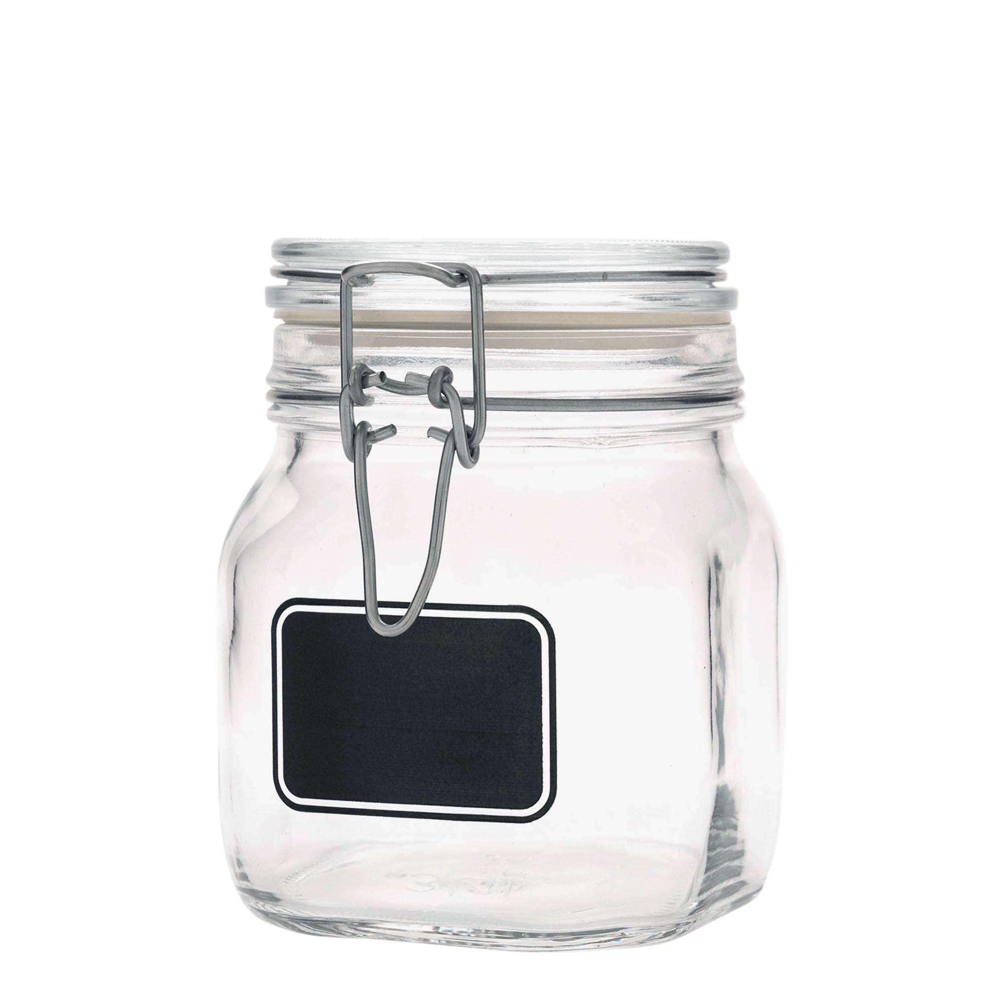 Frasco de vidro com tampa de arame de 750 ml 'Fido', motivo: campo para etiquetas, quadrado, abertura: fecho de arame Frasco de vidro com tampa de arame de 750 ml 'Fido', motivo: campo para etiquetas, quadrado, abertura: fecho de arame