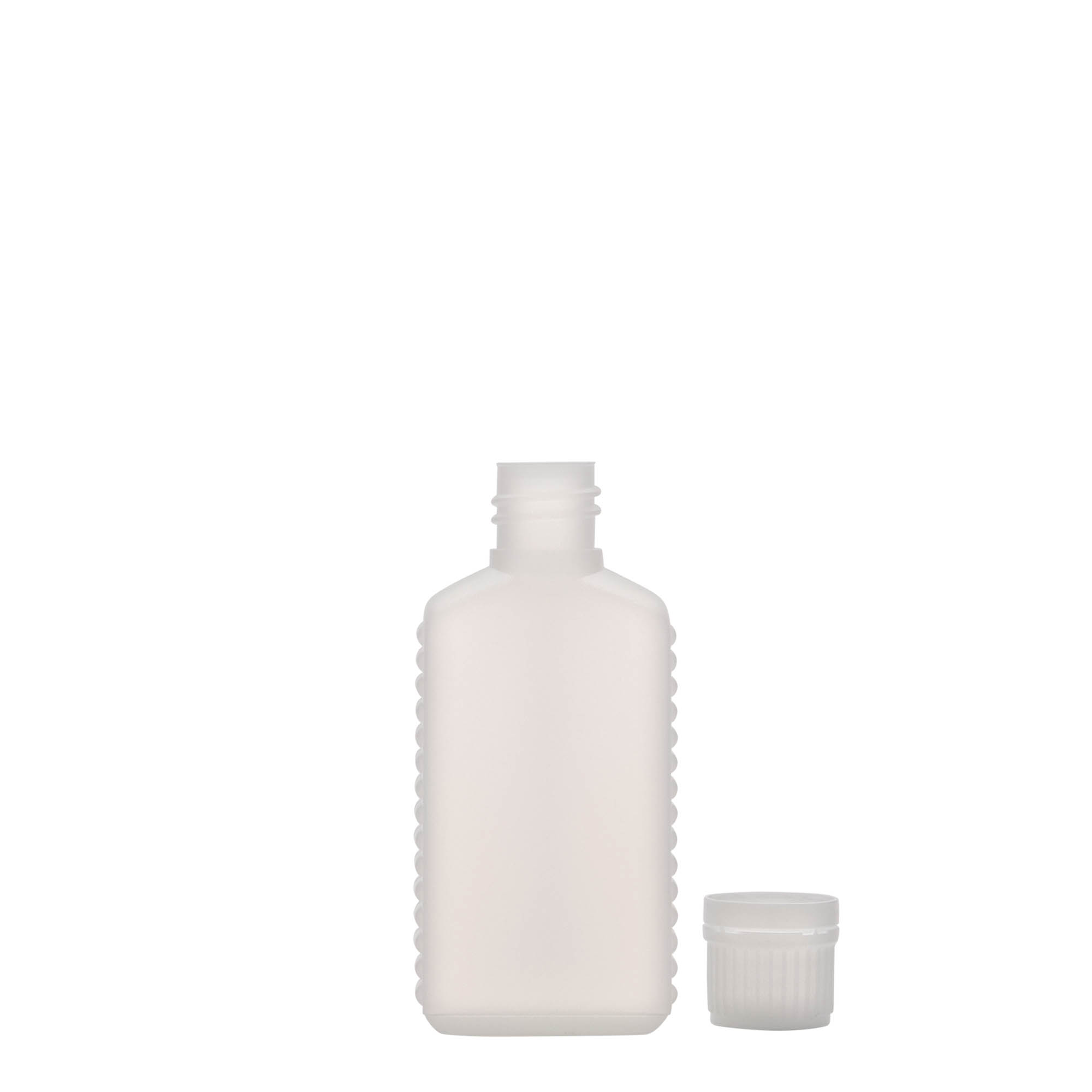Frasco de 50 ml, garrafa com gargalo estreito, retangular, plástico HDPE, natural, boca: DIN 18 Frasco de 50 ml, garrafa com gargalo estreito, retangular, plástico HDPE, natural, boca: DIN 18