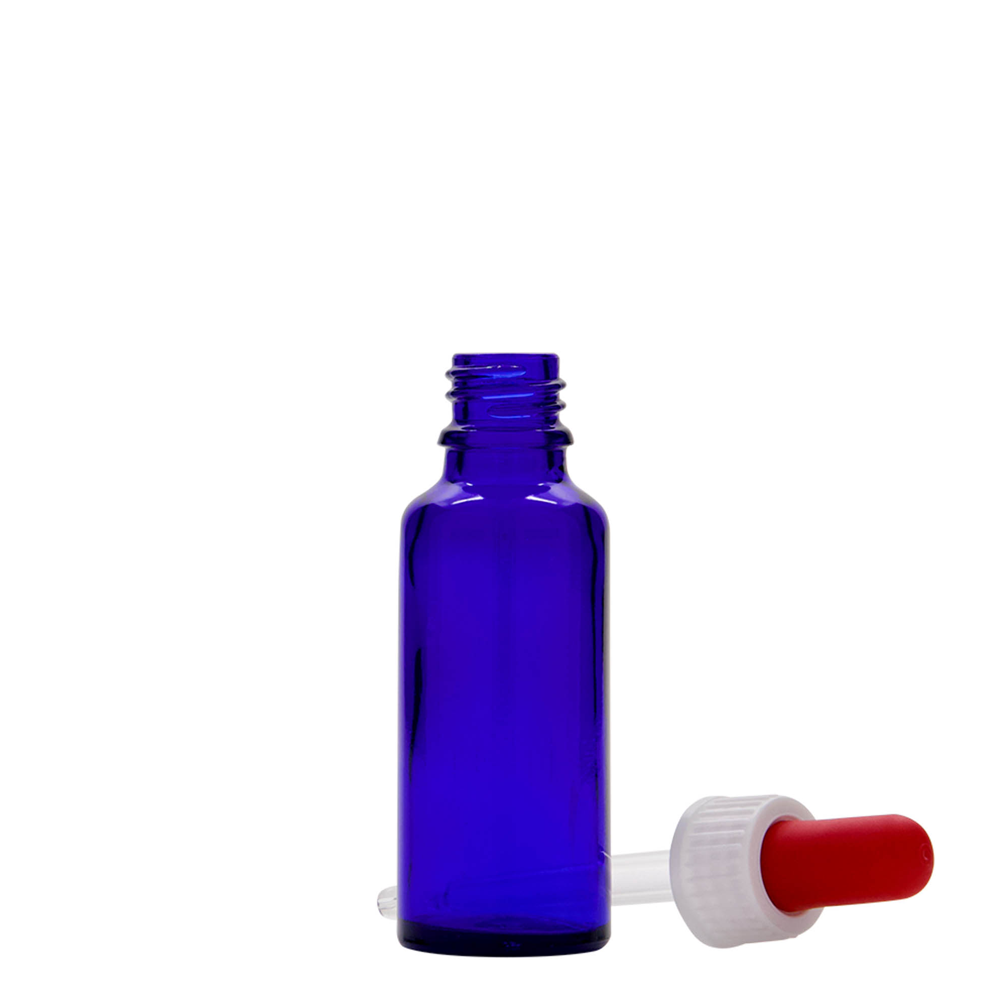 Frasco conta-gotas de 30 ml, vidro, azul royal-vermelho, bocal: DIN 18 Frasco conta-gotas de 30 ml, vidro, azul royal-vermelho, bocal: DIN 18