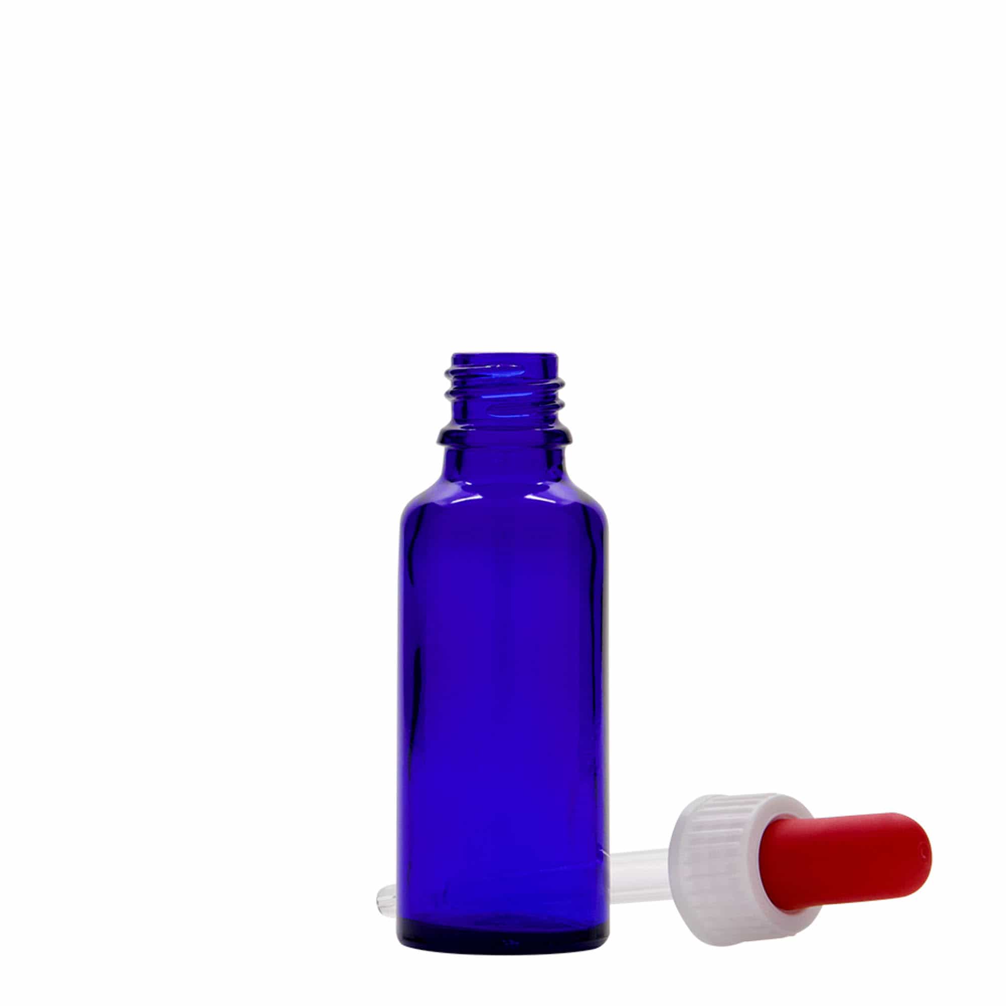 Frasco conta-gotas de 30 ml, vidro, azul royal-vermelho, bocal: DIN 18 Frasco conta-gotas de 30 ml, vidro, azul royal-vermelho, bocal: DIN 18